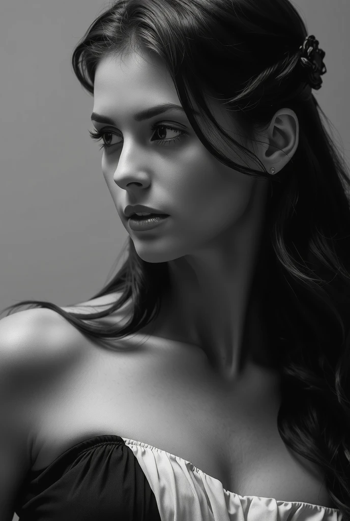 (Masterpiece. Photorealistic.UHD)0 ((black and white)). Medium full shot.An ultra hot gorgeous model playmate. Age 23. in a minimalist outfit. Shoulder against a white background to contrast the simplicity and elegance of the attire. Studio harcourt style. ((Silhouette))