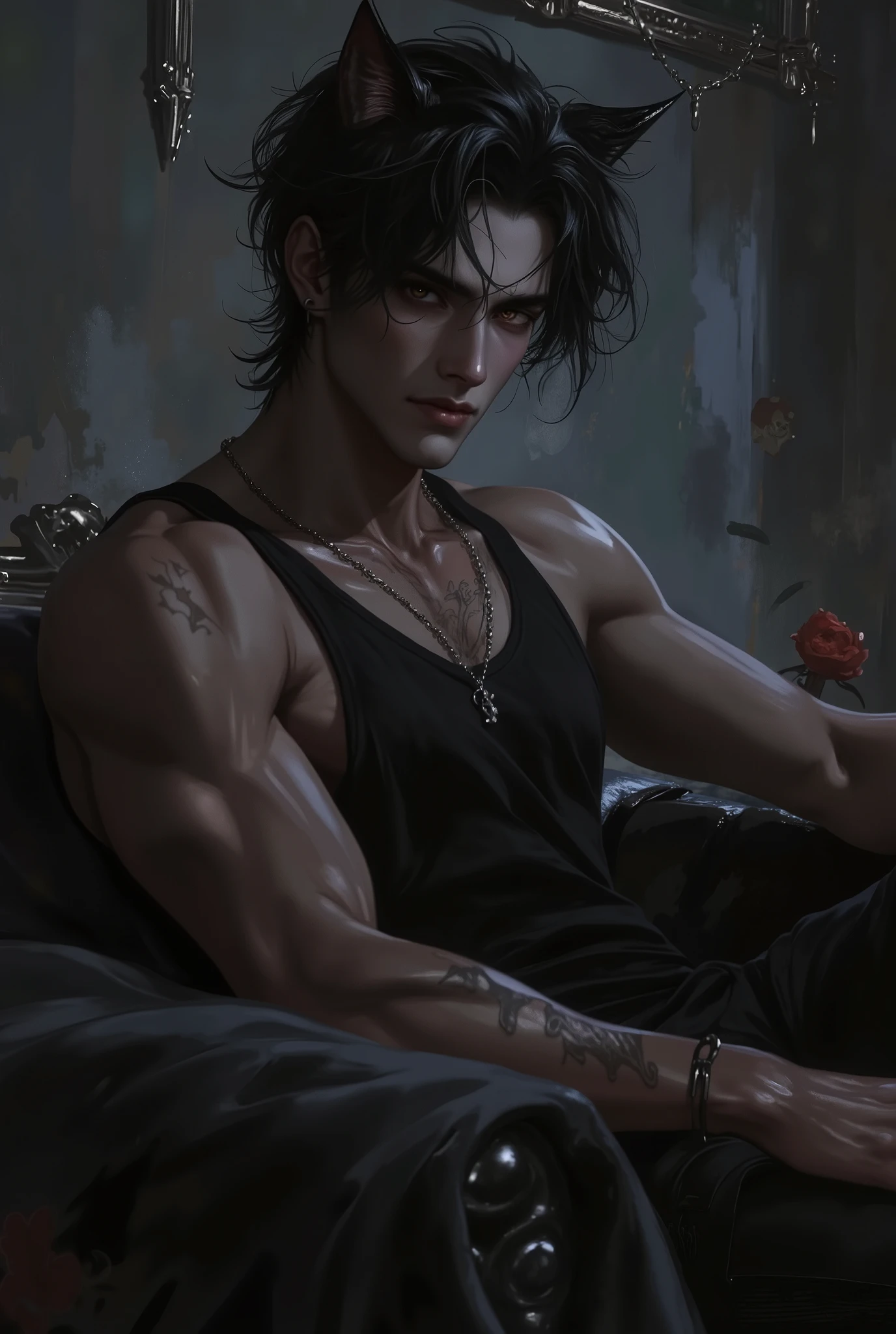 A dark skin man,handsome,modern. Wearing black tank top Appearance:Face: Sharp and angular yet not overly rugged. High cheekbones, with overall harmonious features that still exude a keen edge,the pair of black cat ears on the top of his head, he has shoulder length messy black hair, amber eyes, muscular body, he was leaning in a black couch, background in dark tones, gloomy atmosphere.