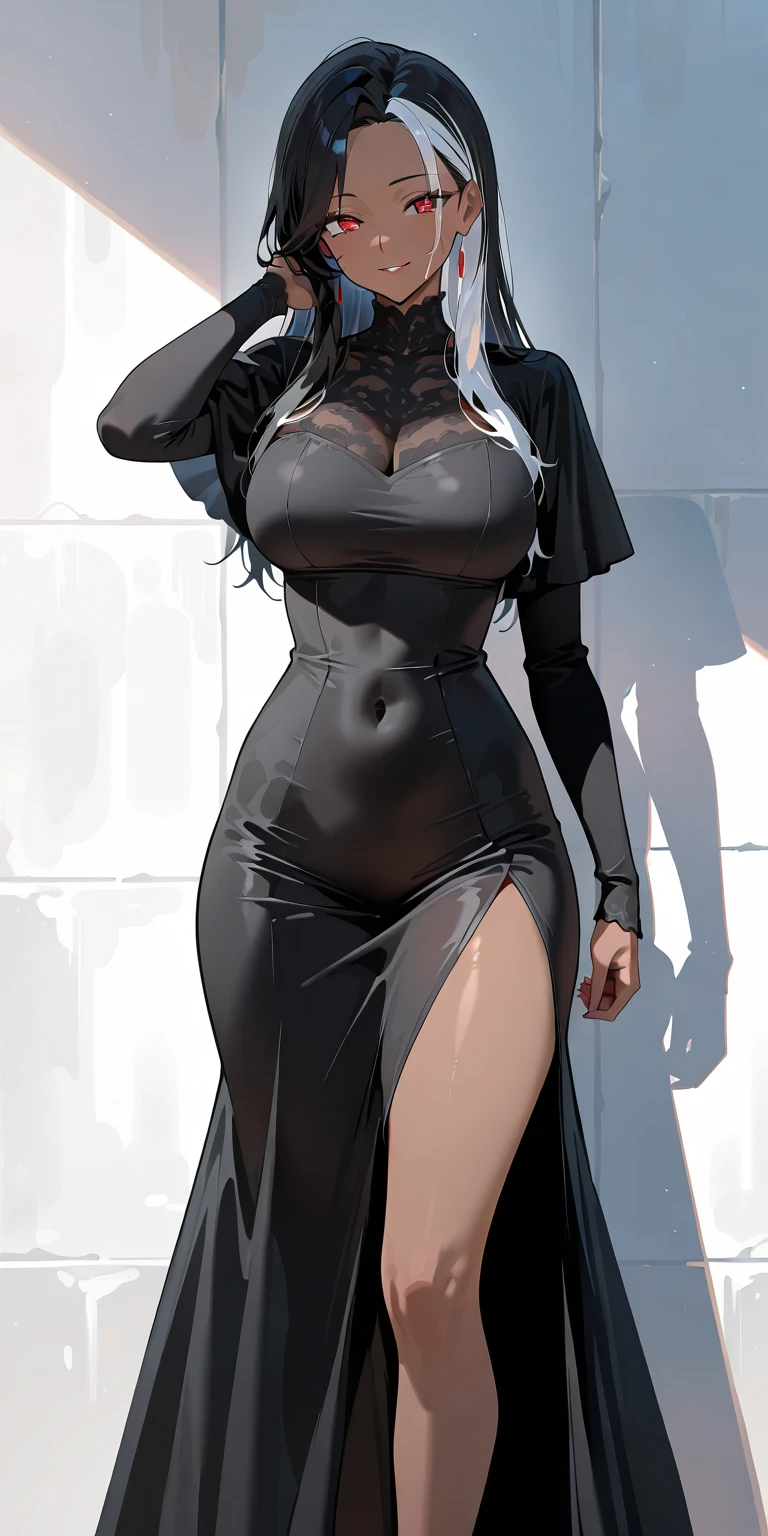 (girl,gray hair:1.1,long hair:1.1,dressed in dress:0.9,v-necked dress,tight-fitting clothes,visible breasts,curvy legs:1.1,blue eyes) ,(best quality,4k,8k,highres,masterpiece:1.2),ultra-detailed,(realistic,photorealistic,photo-realistic:1.37),illustration,fine brush strokes,vibrant colors,soft lighting.