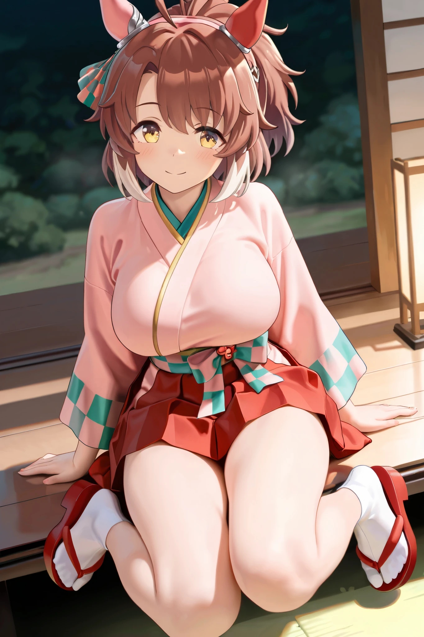 ((masutepiece, Best Quality, hight resolution, nffsw, Perfect Pixel, depth of fields, 4K, )), 1girl in, Solo, , Beautiful anime girl, Beautiful Art Style,
very low view angle:1.3, view from below:1.5, sky from below:1.5, garden background, sitting on table:1.5,
Perfect body, poker face:1.5, show feet:1.5, show close feet:1.5,
Yuigahama Yui, Hair bun, short hair, large breasts, show panties:1.5,
Full face blush, black stockings:1.4, blue bathrobe:1.2, red face,
straight-on:1.3, medium shot