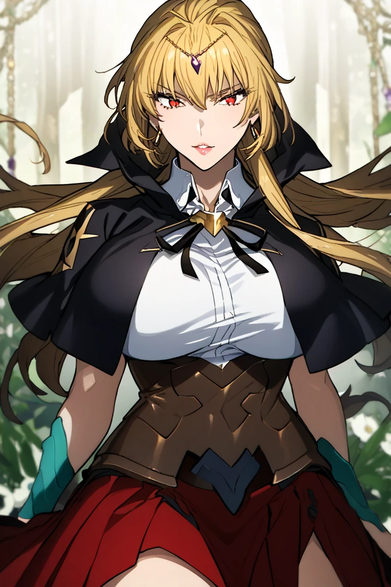 [Grimm], [The_Hunter's_Guild_Red_Hood], ((masterpiece: 1.3)), ((High Res)), ((detailed shading)), ((intricate details)), ((beautiful portrait)), ((1girl)), ((anime)), ((beautiful 2D art)), {(grimm); (long blonde hair), (green eyes), (frown), (massive boobs), (thicc thighs), (detailed leg muscles)} {(red hood on head), (tight white button-up shirt), (tight green pants)}, {(intimidating stance), (dynamic pose)}, [background; (woods), (tall trees), (blue sky), (sun rays through trees)]