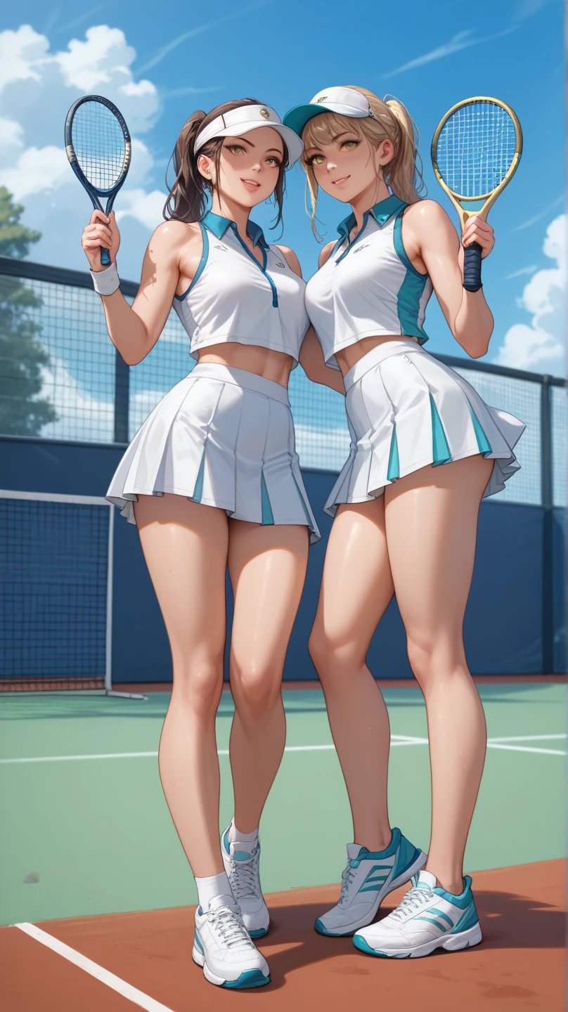 (8k ,Super detailed,Best masterpiece,nature,perfect work of art,perfect female figure),two women,sister and younger sister, sisters,rainbow hair,perfect face,(huge ),neighbor wife,woman hairstyle,elegant wife,Sophisticated and revealing ,20 years old,White skin,messy hair,perfect sexy body,Tone,flirtatious,very big ,Willow Yao,see through breasts,nipple,tennis player,Wearing ultra-short tennis sportswear,on the tennis court,Holding tennis racket,Detail background,necklace,perfect eyes,,T-shaped small size,huge big
