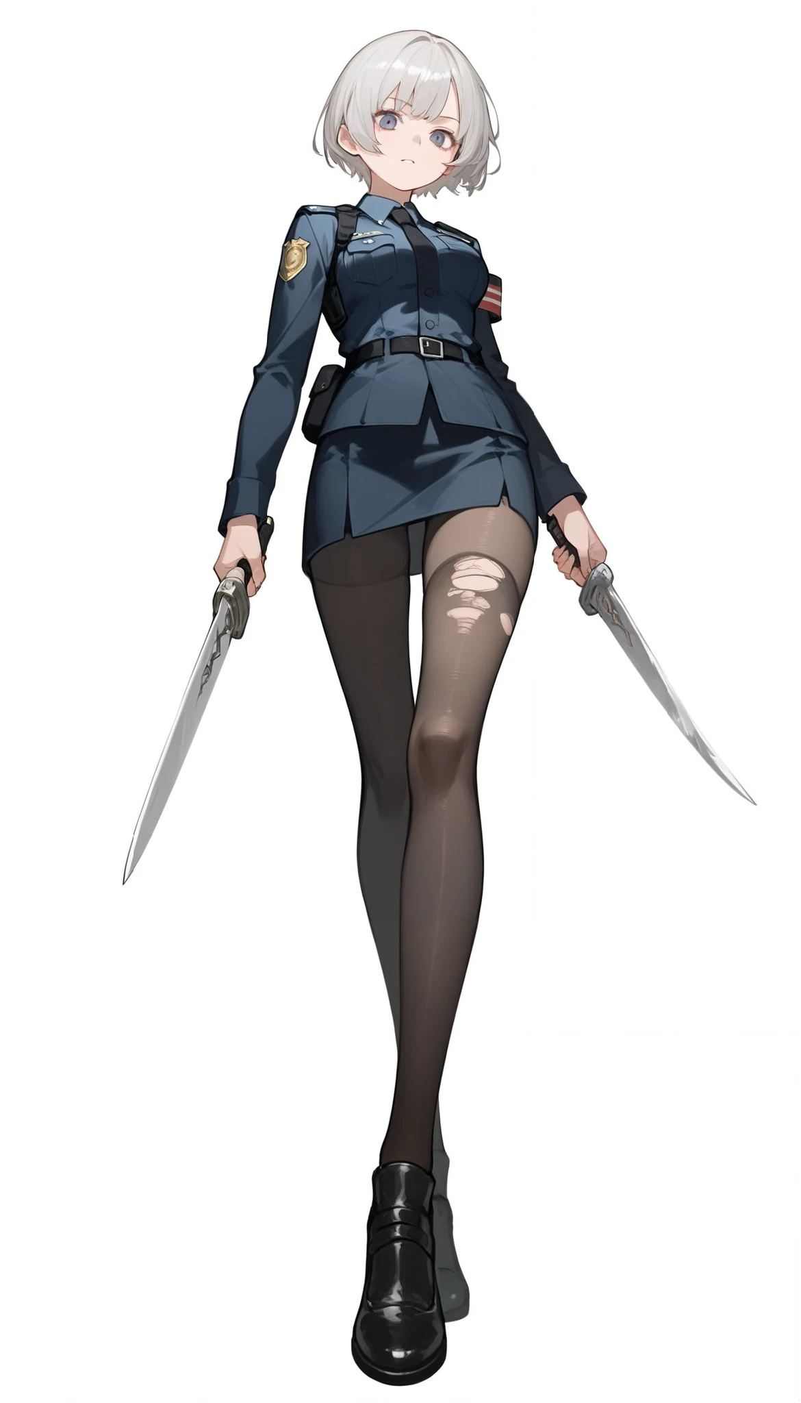 ((masterpiece)), (best quality), 1girl , Alone, simple background, temptation, delicate face, handheld dagger , Battle Pose , full body, silver short hair, long sideburn, Disdainful Eyes, Black Stockings, Damaged black police uniform, medium breasts, style: midjourney, white background, from below, two-point perspective , Impact footage,motion blur,depth of field, closeup