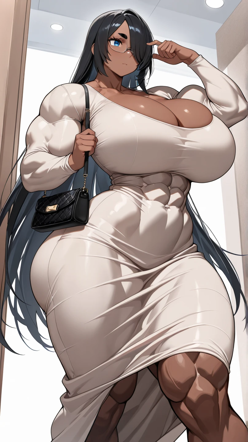 Bear , dark skin , white shirt hair , tall height, massive breast, huge ass , curvaceous body , voluptuous body, green eyes , sexy top with showing clevage, long skirt 