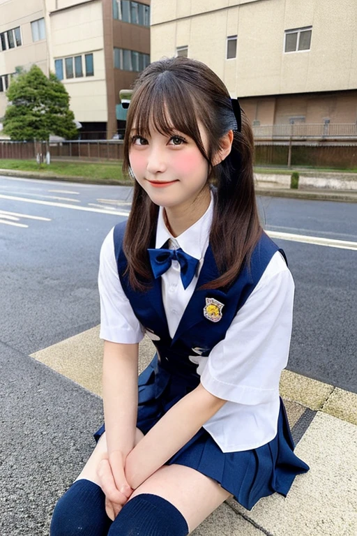 Japanese,7 years old,Innocent face,Teenage Girl,cute,Primary school students,private elementary school,uniform,Summer clothes,Are standing,Entrance ceremony,In front of the school gate,from the front,Close-up photo from the waist up,Twin tails,Hair Clip