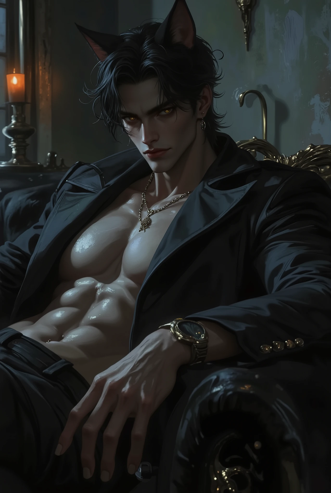 A dark skin man,handsome,modern. Wearing black tank top Appearance:Face: Sharp and angular yet not overly rugged. High cheekbones, slightly pointed chin, with overall harmonious features that still exude a keen edge,the pair of black cat ears on the top of his head, he has shoulder length messy black hair, amber eyes, muscular body, he was leaning in a black couch, background in dark tones, gloomy atmosphere.