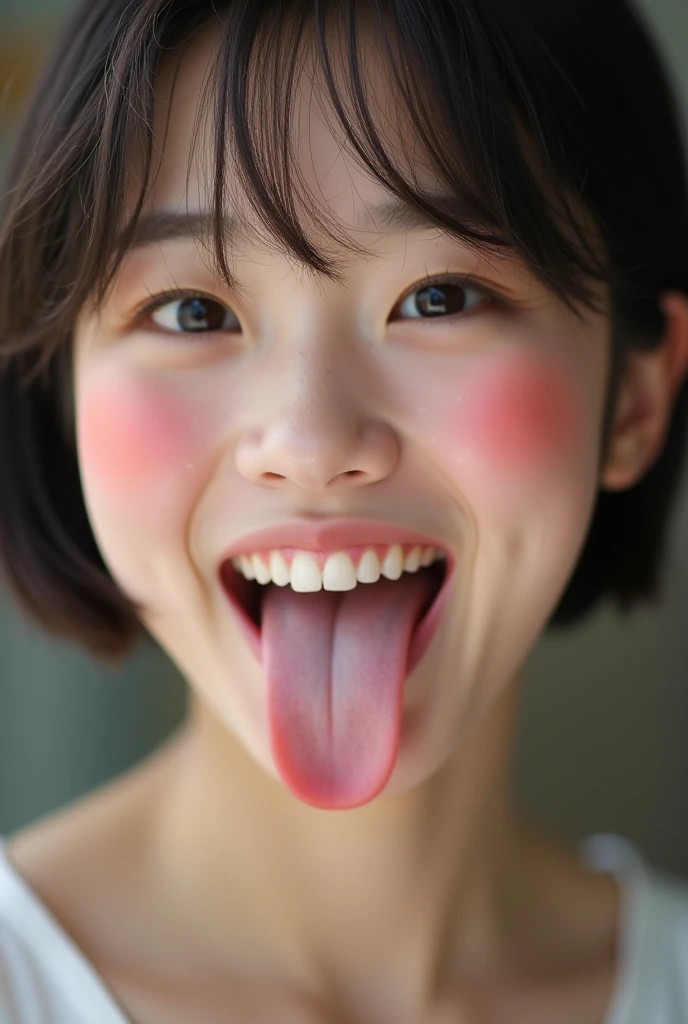 ((highest quality, 8k, masterpiece: 1.3)), 1 female, Japanese Mature,Sensual beauty: 1.3, (Hair style Brown hair Pixie wave, big: 1.2), Tank top: 1.1, Super slender face, Delicate eyes, double eyelid, (((Open your mouth,Sticking out a long tongue,)))Mole,Home,Plump body,very thick legs,Shot from directly above,He is fooling around with his mouth wide open and his tongue sticking out...,