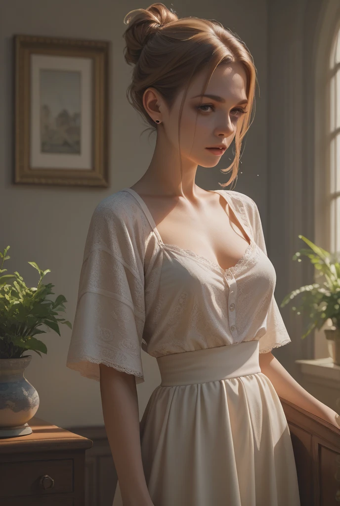 (Masterpiece in maximum 16K resolution:1.6), (intricate detail:1.4), (extremely insane detail:1.4),(highest quality:1.3),(raw image:1.8),(photorealistic:1.9),
BREAK,
(beauty shot:1.4),shot on Fujifilm X-T4, with a(soft focus filter:1.30), in style of (Anne Brigman:1.2),{The camera is positioned to reveal her entire body as she adopts a dynamic_pose},
BREAK,
(Dutch Beauty),((20_years_old):1.6),(Ella Freya),((beautiful_blonde_hair):1.5),(very_short_hair),(perfect blush),ultra-realistic skin texture, ultra-realistic eyes glow, ultra-realistic hair texture, big eyes, clear double eye lids, eyelashes, ears out,Attractive proportions,golden ratio face, perfect face,lip gloss, pale lips,(fashion model),(artistic body),((Maiden Robe)),((wearing flower crown)),(((in an serene outdoor setting))),(((wind blowing leaves))),(under bounced light:1.3),
BREAK,
She is adopting a ((dynamic_pose as interacts, boldly dancing a folk dance, moving her body in an exciting way):1.3), ((perfect_pose)), ((looking dreamily into the distance)),(((full body))), perfect_fingers, perfect_legs, perfect_hands, More Detail.