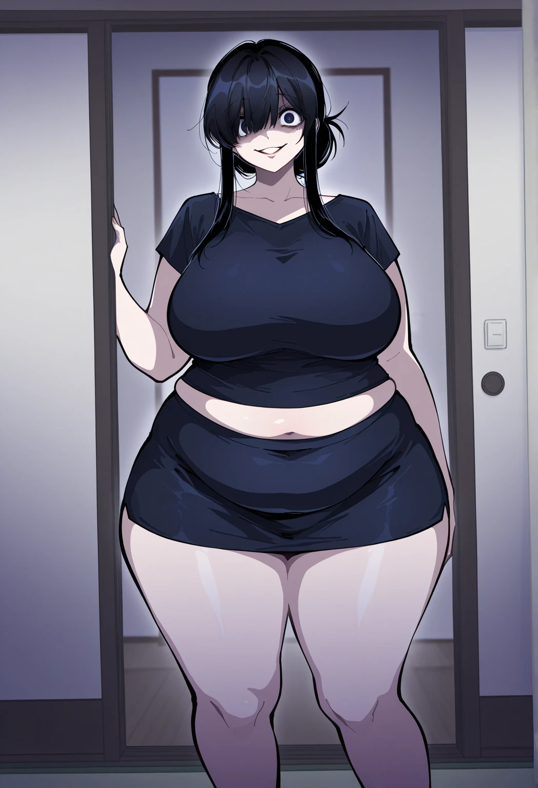 1girl,goth, fair skin, hair bangs covering her eyes, no eyes showing, black lipstick, short bob hairstyle, large breasts, slim waist, massive thighs, thick thighs, wide hips, wearing a small tight black t shirt, pink panties with a small bow on them , barefoot, small feet, nail polish, white background, entire body showing, standing in an empty white room, full body shown, short sleeve shirt