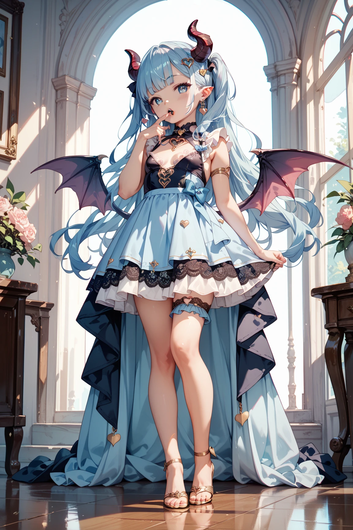 ((Highest quality)),(Ultra-high resolution),(Very detailed),(Detailed Description),((The best CG)),(A masterpiece),Ultra-detailed art,Amazing painting art,(Works with precise details:1.5), (1 female:1.6),(Beautiful and well-proportioned face:1.5),(Curly Hair:1.6),(Intricately detailed lace dress:1.8),Fine jewellery with exquisite detailing:1.5,Waist Accessories:1.5,Look at me and smile:1.5, See-through nipples, Angel Girl, (Magnificent white angel wings on his back:1.2), Mature Woman,Descended into the church,(Pastel colored hair:1.3),(Red and black long high heel boots:1.4), (garter belt), (stockings)、 (Floating in the sky with magical powers:1.2),(Floating skirt:1.5), (Embarrassed expression, blush:1.2),(bracelet),(heart choker)