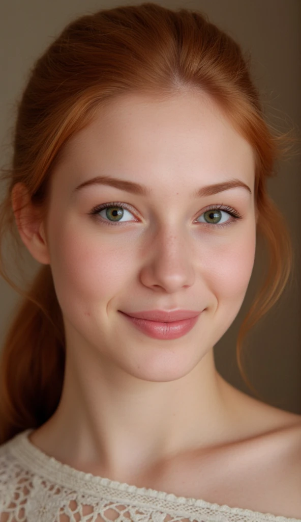 photography half body portrait of very beautiful realistic girl, riding sport bike, 15-years-old, porcelain skin, very fair skin, very pale skin, redhead, wavy, ponytail, detail freckles skin, hazel eyes, slanted eyes, small nose, small nostril, thick curved eyebrow, thick bottom lip, seductive gaze, happy face, unique face, wear jacket, detail photo, realistic photo, master piece picture, sharp picture, outdoor clear daylight