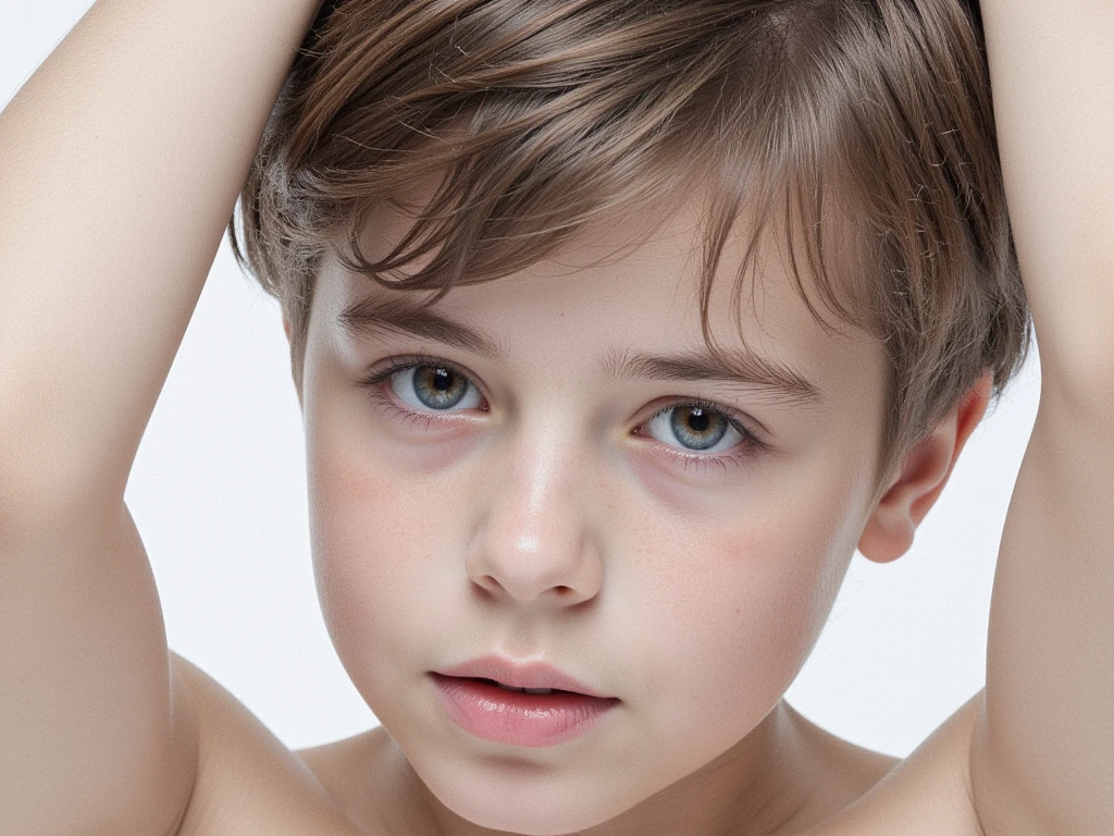 a beautiful boy, , very fine European features, Brown hair, blue eyes, sad look, peaceful look, naked,.strong chest, big nipples, pointy nipples, very masculine.