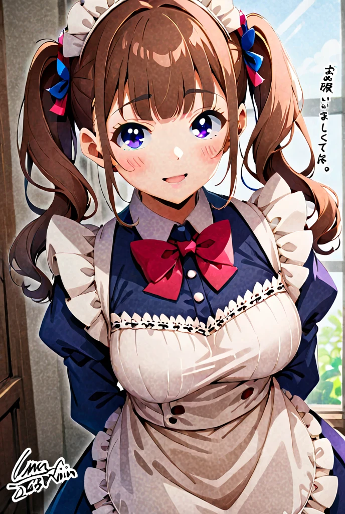 masterpiece, best quality, absurdres, perfect antomy, copano rickey \(umamusume\), <lora:copano rickey (umamusume):0.8>,kobeya uniform, skirt, breasts, white shirt, bow, shirt, blue apron, apron, blue bow, blue skirt, short sleeves, leaning forward, looking at viewer, bowtie, uniform, alternate costume, high-waist skirt, plaid, waitress, 1girl,<lora:kobeya uniform:0.4>,