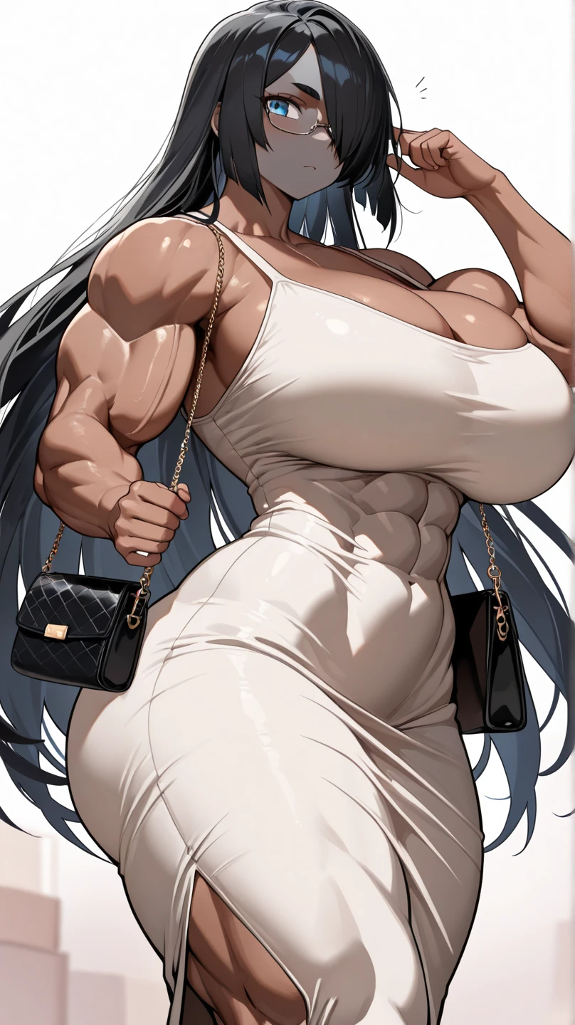 Create a detailed dynamic manga style illustration of a very muscular woman in a bar. She has curly brown hair and large black eyes. She wears a tight sleeveless t-shirt, and a short skirt. Her expression is serious and focused as she intently looking at her huge rounded biceps. The biceps has a huge vein and they are massive and looked hard. Her forearms are also very muscular with a lot of visible veins. Her body is massive and very muscular with muscles everywhere. Her thigh and calves are huge with visible huge muscles. She’s taking pleasure by admiring her enormous body, her effort and dedication. The scene captures the determination on her face, the huge and defined muscle, and her sexy curves. Her clothes started to ripped with the amount of muscles she has.