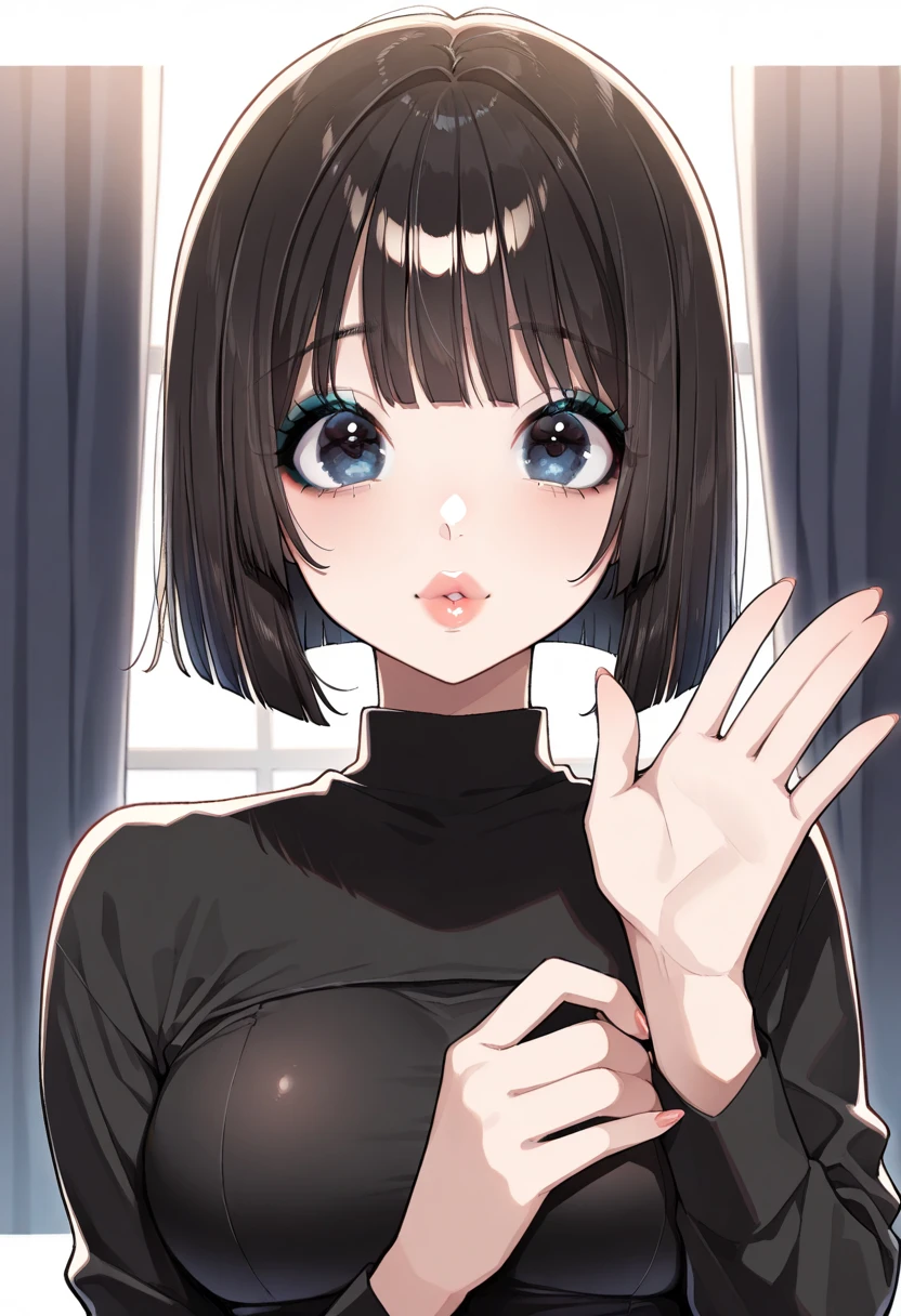 Chibi girl blue eyes short black hair with bangs style bob standing perfect detailed photography, bigger upper breast stunning body display 1.2 nudes, makeup gothic