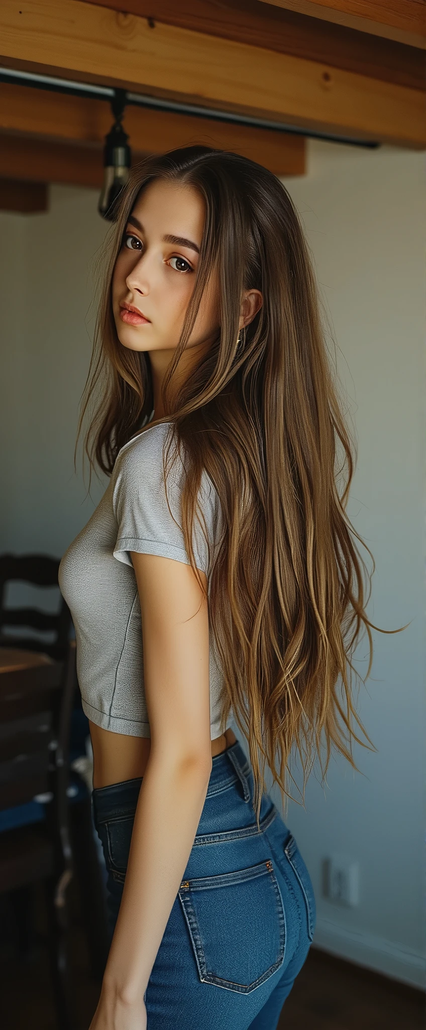 photograph, (full body shot), in the attic, 1girl, european, slim body, extremely long hair, posing, skin-tight fitting t-shirt, wearing tight skinny jeans, realistic skin textures, ultra high resolution, extreme detail, 8k