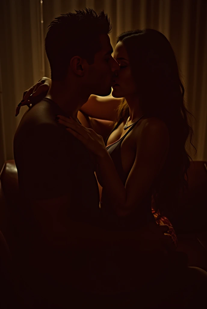 image of a sexy vampire man, biting a girl&#39;s neck from behind her, blood runs down the neck, she has long blonde hair, She has an expression of desire on her face with her lips parted, he is behind her, she's looking at the camera 
