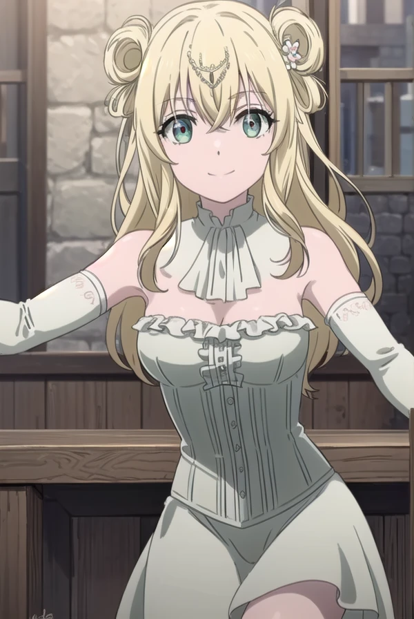 carmillavanstein, <lora:carmilla vanstein s1-lora-nochekaiser:1>,
carmilla vanstein, long hair, blonde hair, (red eyes:1.3), hair between eyes, ahoge, hair bow, pointy ears, smile, smug,
BREAK dress, cleavage, bare shoulders, jewelry, earrings, detached sleeves, elbow gloves, strapless, strapless dress, purple dress,
BREAK indoors, castle,
BREAK looking at viewer, (cowboy shot:1.5), dynamic pose,
BREAK <lyco:GoodHands-beta2:1>, (masterpiece:1.2), best quality, high resolution, unity 8k wallpaper, (illustration:0.8), (beautiful detailed eyes:1.6), extremely detailed face, perfect lighting, extremely detailed CG, (perfect hands, perfect anatomy),