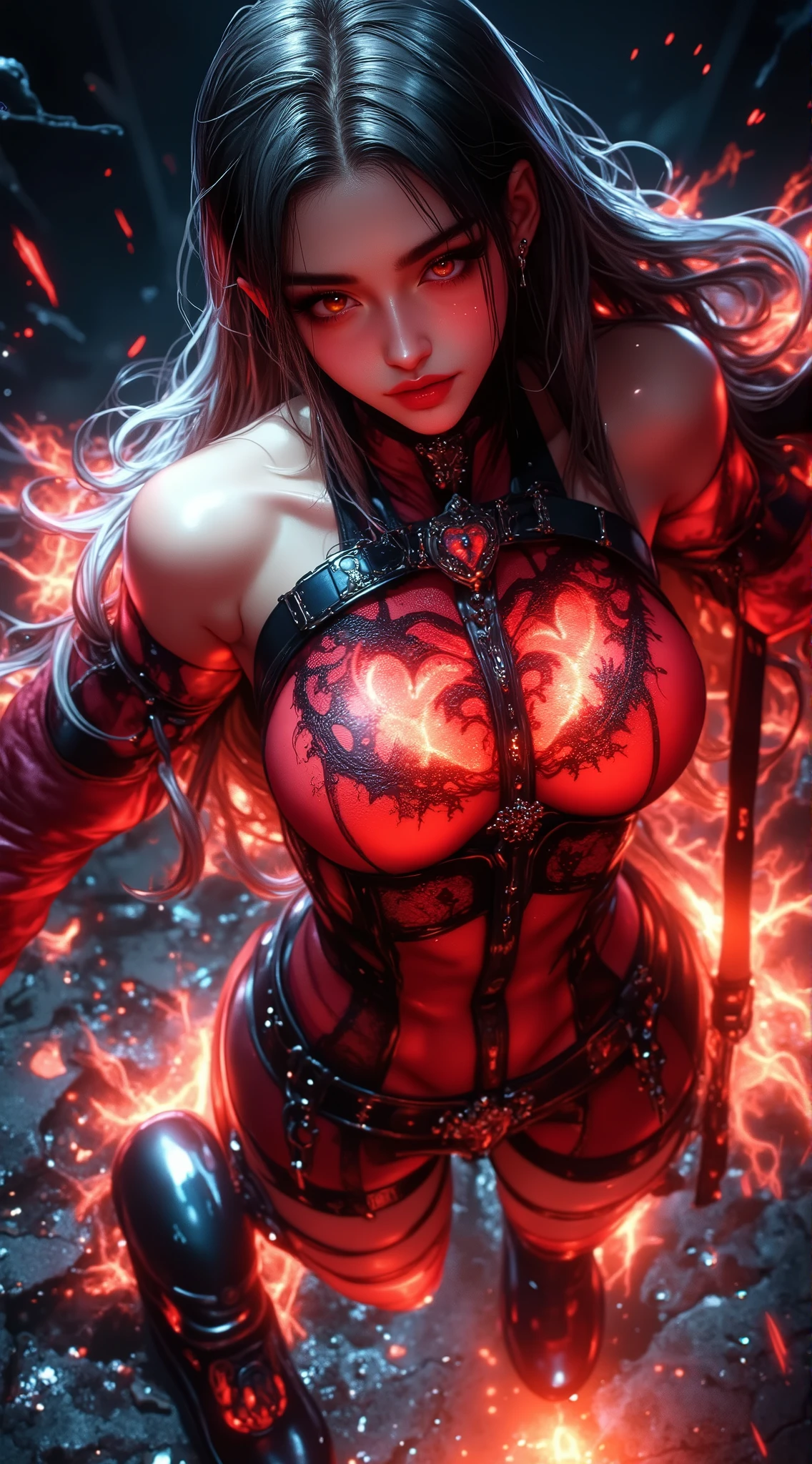 Woman body set large breasts(best quality, highres, ice skull:1.1), A girl with a body made of lava, featuring a Dracula Orchid pattern. (best quality, ultra-detailed), (realistic), vibrant colors, intense lighting, lava-like texture, hauntingly beautiful composition, surreal atmosphere, contrasting dark shadows, mesmerizing glow, detailed facial features, flowing lava tendrils, fiery eyes, ethereal presence, intricate floral patterns, mysterious aura."
