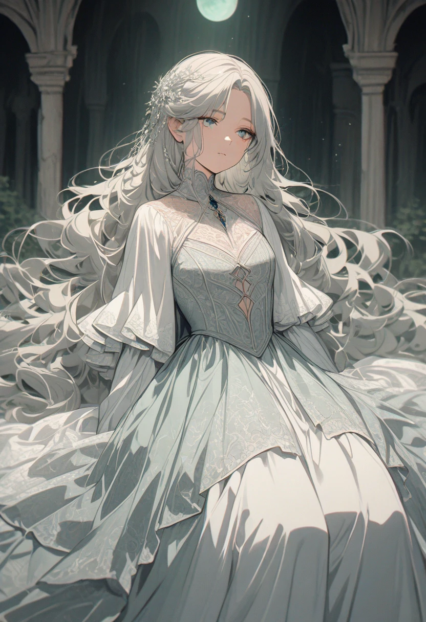 score_9, score_8_up, score_7_up, score_6_up, score_5_up, score_4_up, fkey70, h3l3n, masterpiece, best quality, high quality, hyperrealistic anime painting, anime painting, loose long hair, black background, dramatic diagonal lighting, painterly, realistic painting, soft feature, detailed clothes, detailed, rembrandt lighting, solo, 1girl, dress lift, white hair, black dress, long sleeves, cleavage