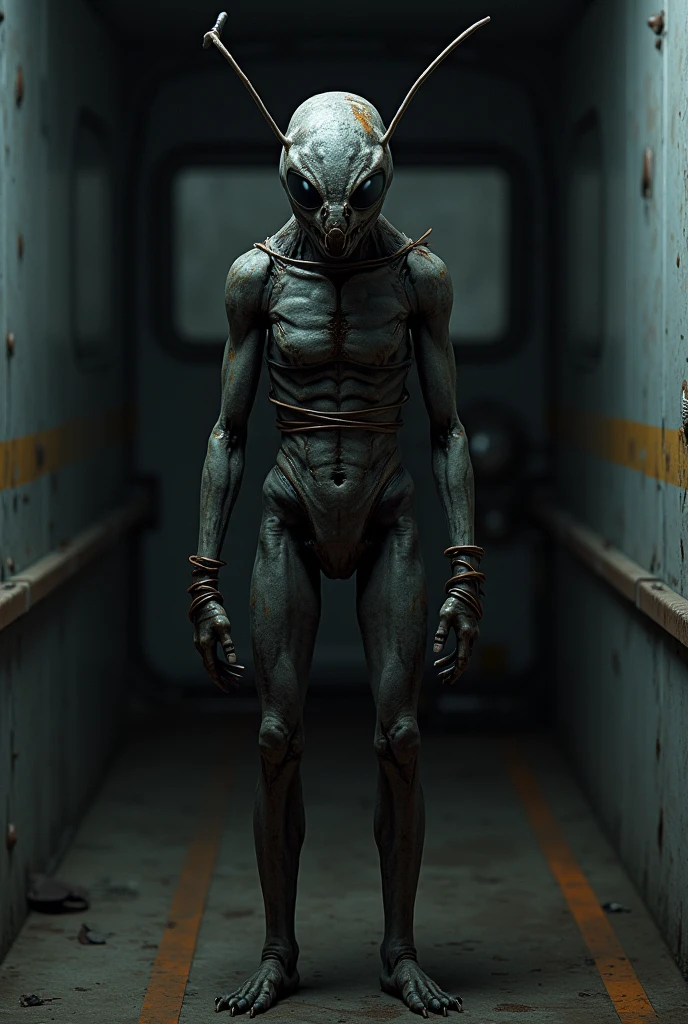 8k、Ultra HD、Horror-themed movie stills,Standing ominously in the center of town、A short, skinny old man with a big head、Alien-like head
