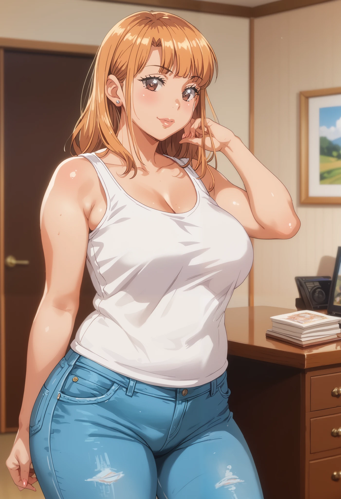 Masterpiece, 8k quality, extremely detailed, Aika sano, ane wa yanmama junyuu-chuu, indoors, orange hair, brown eyes, plump, thick thighs, big breasts, standing, tank top, jeans