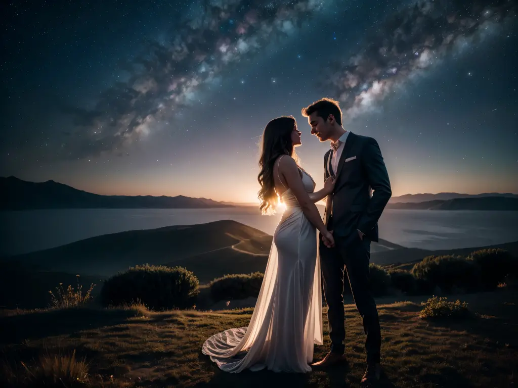 a romantic couple on a starry night under a full moon, bride in a wedding dress, groom in tuxedo, romantic, detailed, cinematic, realistic, moonlight, stars, dramatic lighting, (best quality,4k,8k,highres,masterpiece:1.2),ultra-detailed,(realistic,photorealistic,photo-realistic:1.37),dramatic, cinematic composition, beautiful night sky, glowing moon, sparkling stars, elegant wedding attire, loving embrace, soft focus, warm color palette, dramatic chiaroscuro lighting