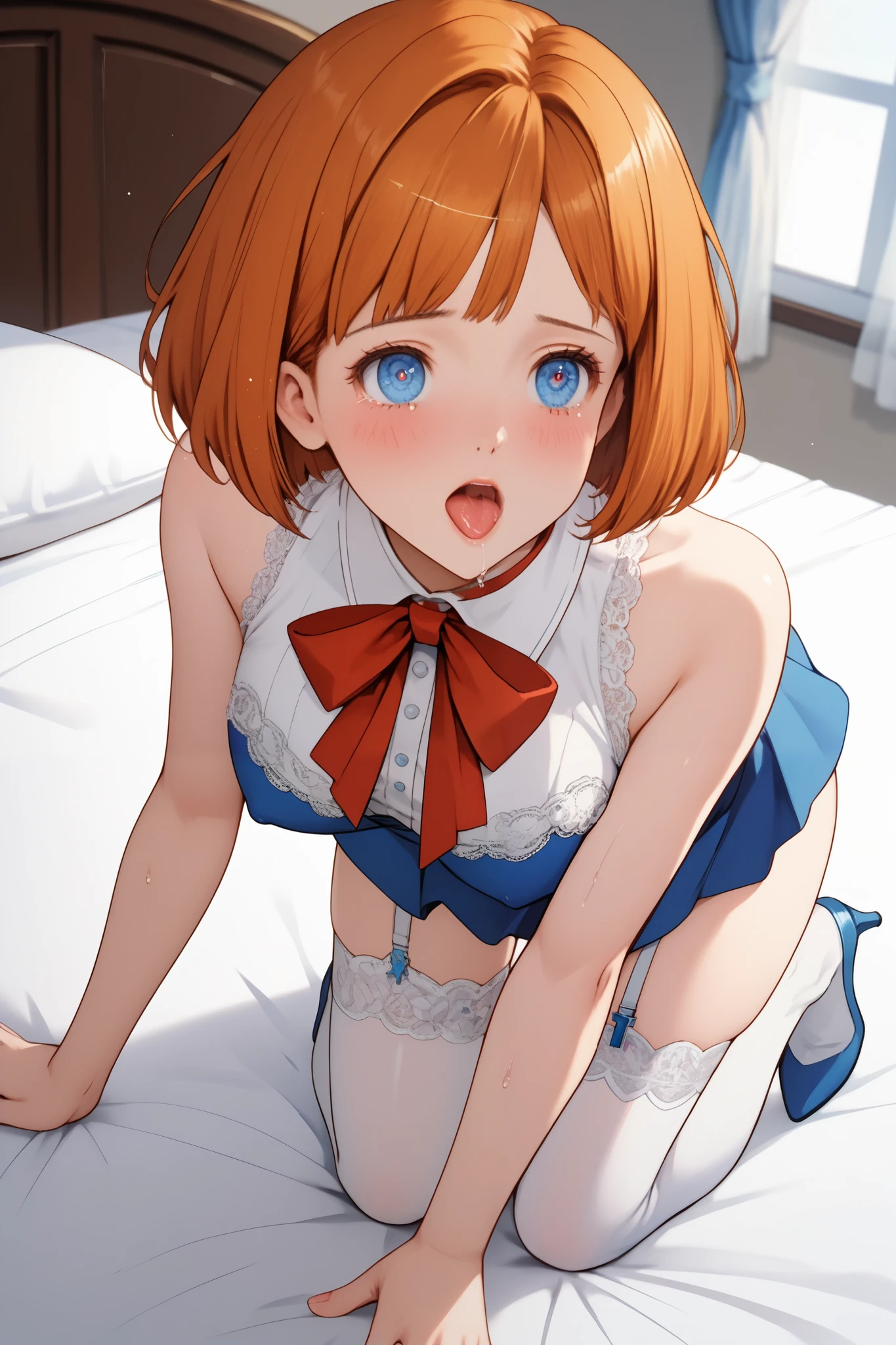 (((masterpiece, best quality))), 2girls, (), (skinny), (orange hair), (long hair), (wavy hair), (blue eyes), ((large breasts)), blue and white miniskirt Maid, red earrings, (((nsfw))), ((1boy)), (((vaginal, sex))), ((rape)), (imminent vaginal), hetero, nipples, blush, on back, lying, missionary, ((despair)), ((gangbang,5boys)), ((group sex))