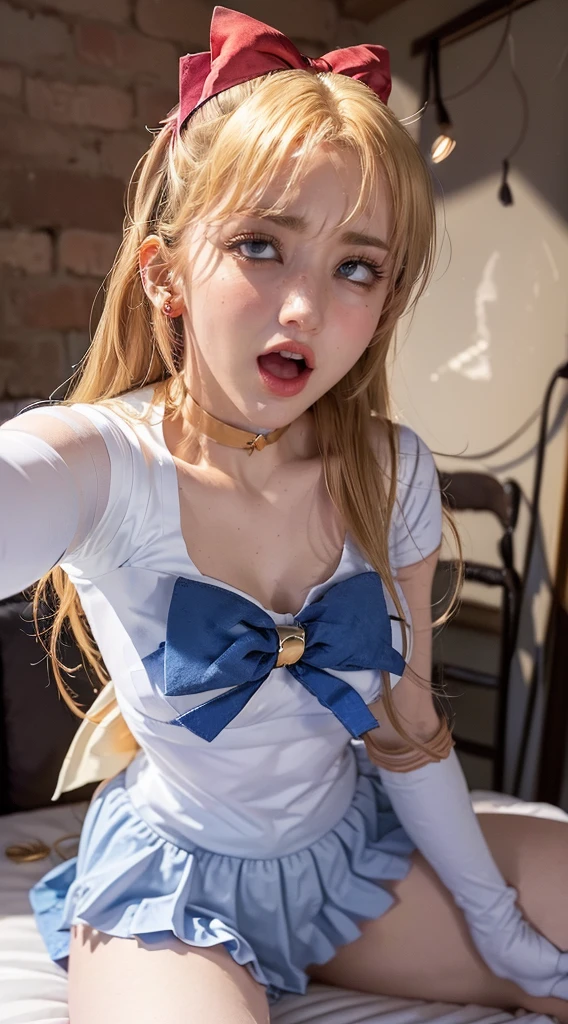pov photo of beautiful girl, (sailor moon:1.1) masterpiece, perfect lighting, hand holding head, above, pov, , wet , creampie, (large breasts:0.6), bangs, runny makeup, blue eyes, blonde hair,