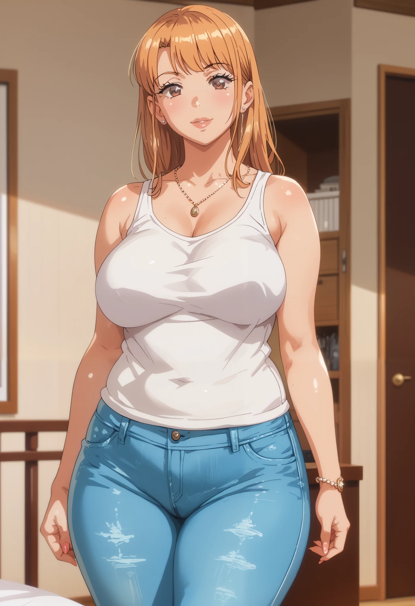 Masterpiece, 8k quality, extremely detailed, Aika sano, ane wa yanmama junyuu-chuu, indoors, orange hair, brown eyes, plump, thick thighs, big breasts, standing, necklace, tank top, jeans