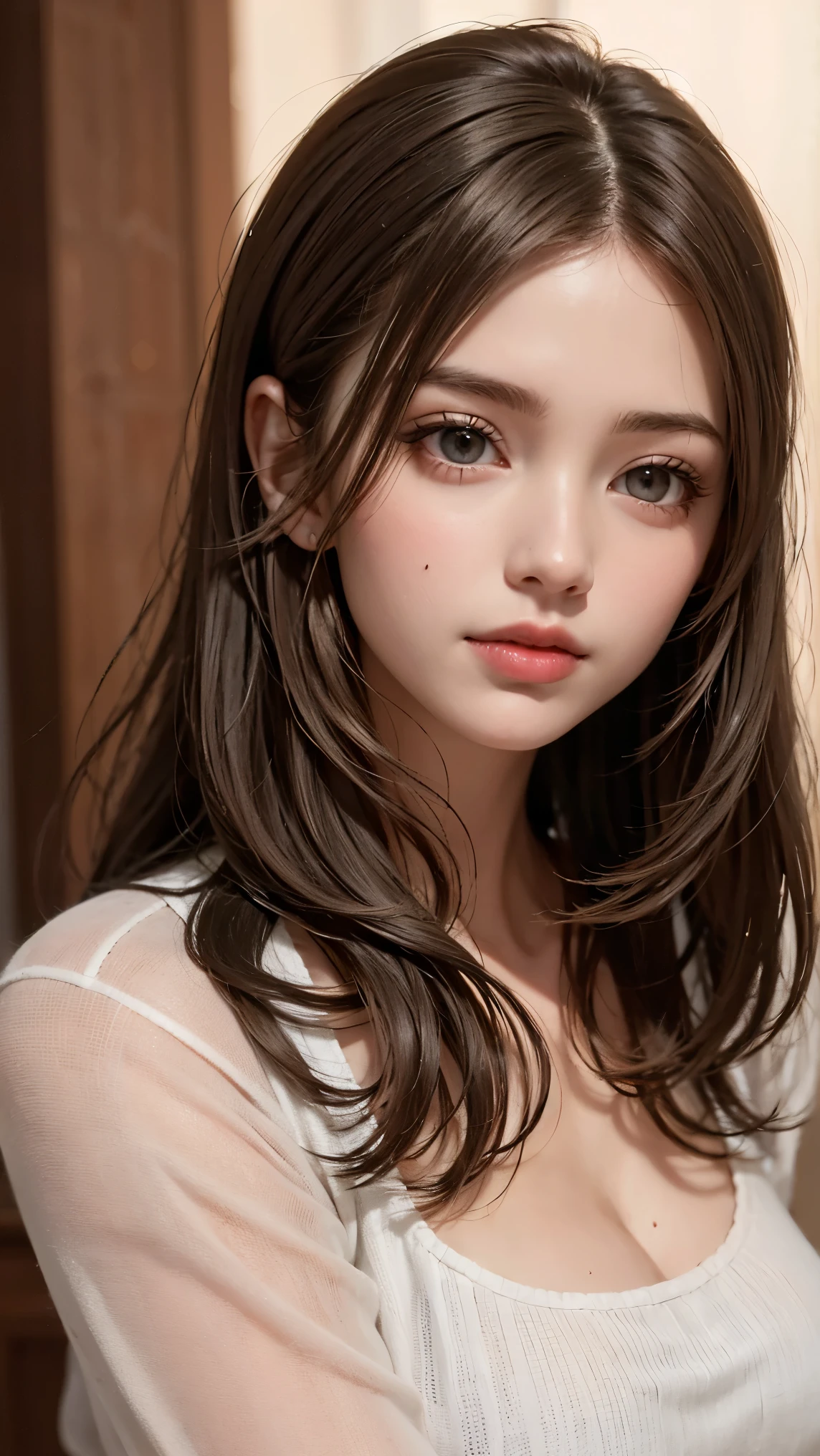 Beautiful girl with a cute face,beautiful face,Very beautiful and dazzling blonde super long straight silky hair,half body shot,Beautiful golden shiny long bangs,large amount of bangs,Beautiful cute hair between the eyes,striped hair,round face,very beautiful light blue eyes,Big eyes,snow-white beautiful skin,the luster of young cheeks,glowing skin,small face beauty,cheek gloss,,big and full breasts,