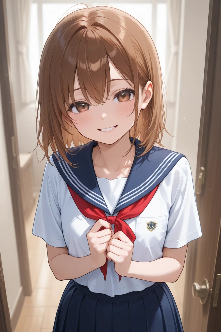 Surreal Scene:1.5, (Misaka Mikoto), beautiful girl, cute, smile, blush, Sailor suit, (flat chest), uhd, retina, masterpiece, accurate, anatomically correct, textured skin, super detail, high details, high quality, best quality, highres, 8k