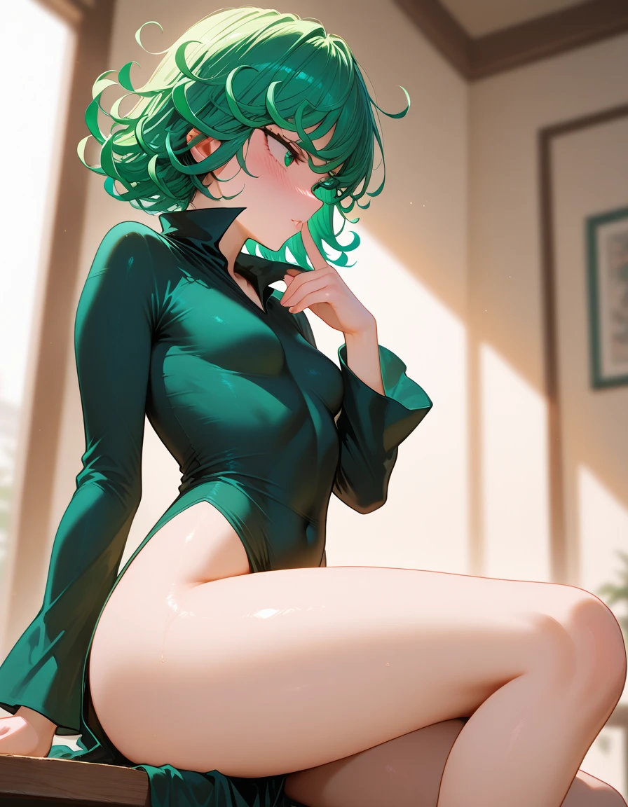 ((best quality)), ((masterpiece)), (detailed), semi realistic, 1girl, solo, depth of field, tatsumaki, one-punch man, green eyes, curly hair, green hair, bangs, blush, flipped hair, short hair, small breasts, thighs, blushing, all naughty, flirting, butt view, leaning to front, view, (side view:1.3), sitting on viewers face, sfw, one finger on lips sensualizing, very detailed clothes, clothes covering,