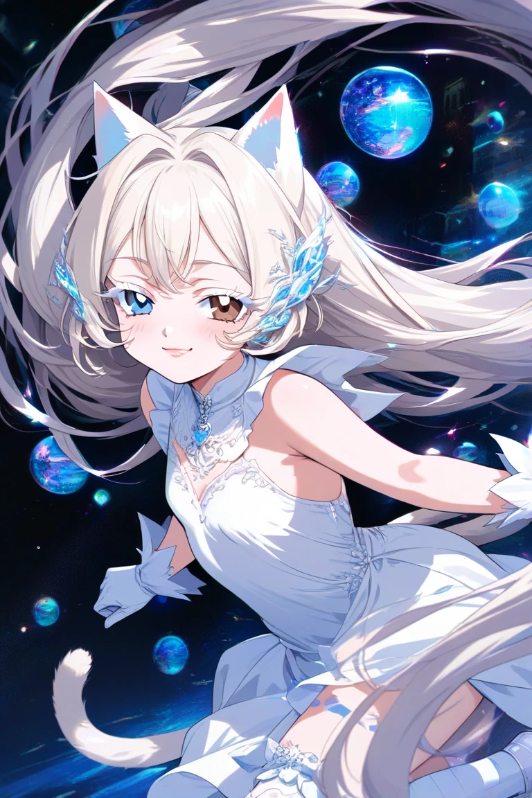 Highest quality　masterpiece　High resolution　masterpiece, Brown Bob, Grey Eyes, blunt cut, prismatic,holographic, Chromatic, colorful, dress, wolf, smile, thighhighs 