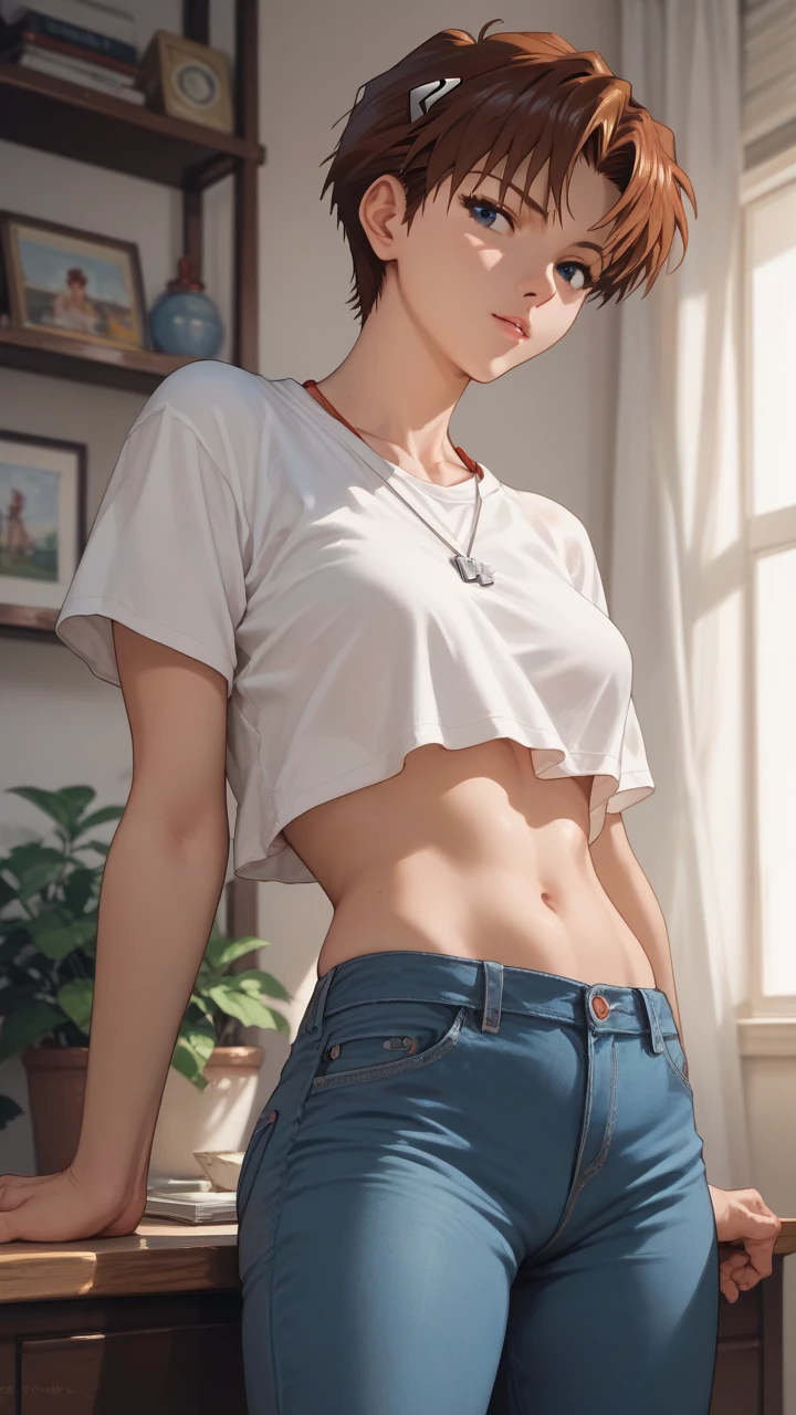((medium breast, tomboy girls, small head)), daylight, sunlight, (chiseled abs : 1.1), (perfect body : 1.1), (short wavy hair : 1.2) , auburn hair, collar, chain, full body shot, crowded street, wearing black tanktop, jeans jacket, ((shorts)), (extremely detailed CG 8k wallpaper), (an extremely delicate and beautiful), (masterpiece), (best quality:1.0), (ultra highres:1.0),  beautiful lighting ,perfect lightning, realistic shadows, [highres], detailed skin, ultra-detailed 