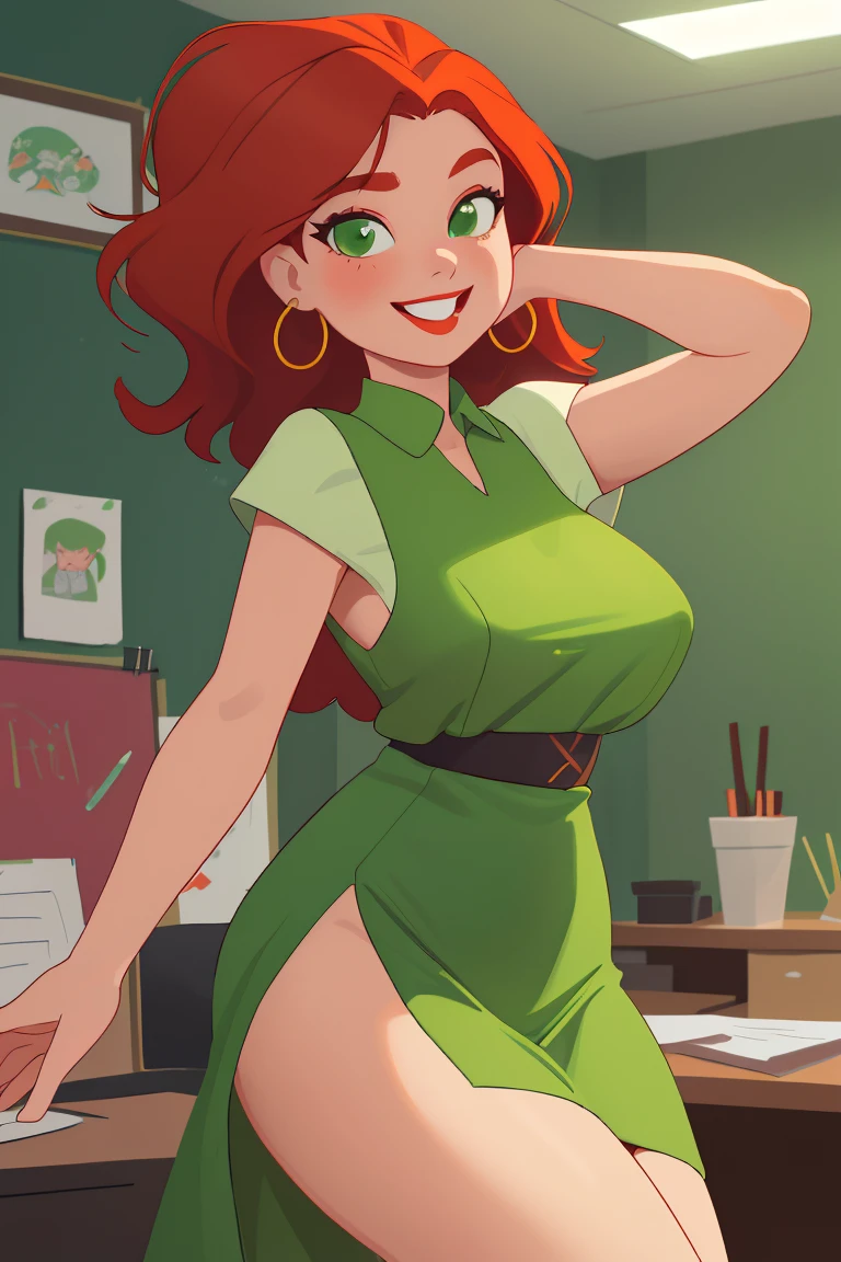 (masterpiece:1.2), portrait of a sexy woman, Mme Jeanne, red hair, ponytail, glasses, green dress, <lora:Mme Jeanne:0.8>, cleavage, white bra, office, bending over a desk, looking at viewer, detailed face,