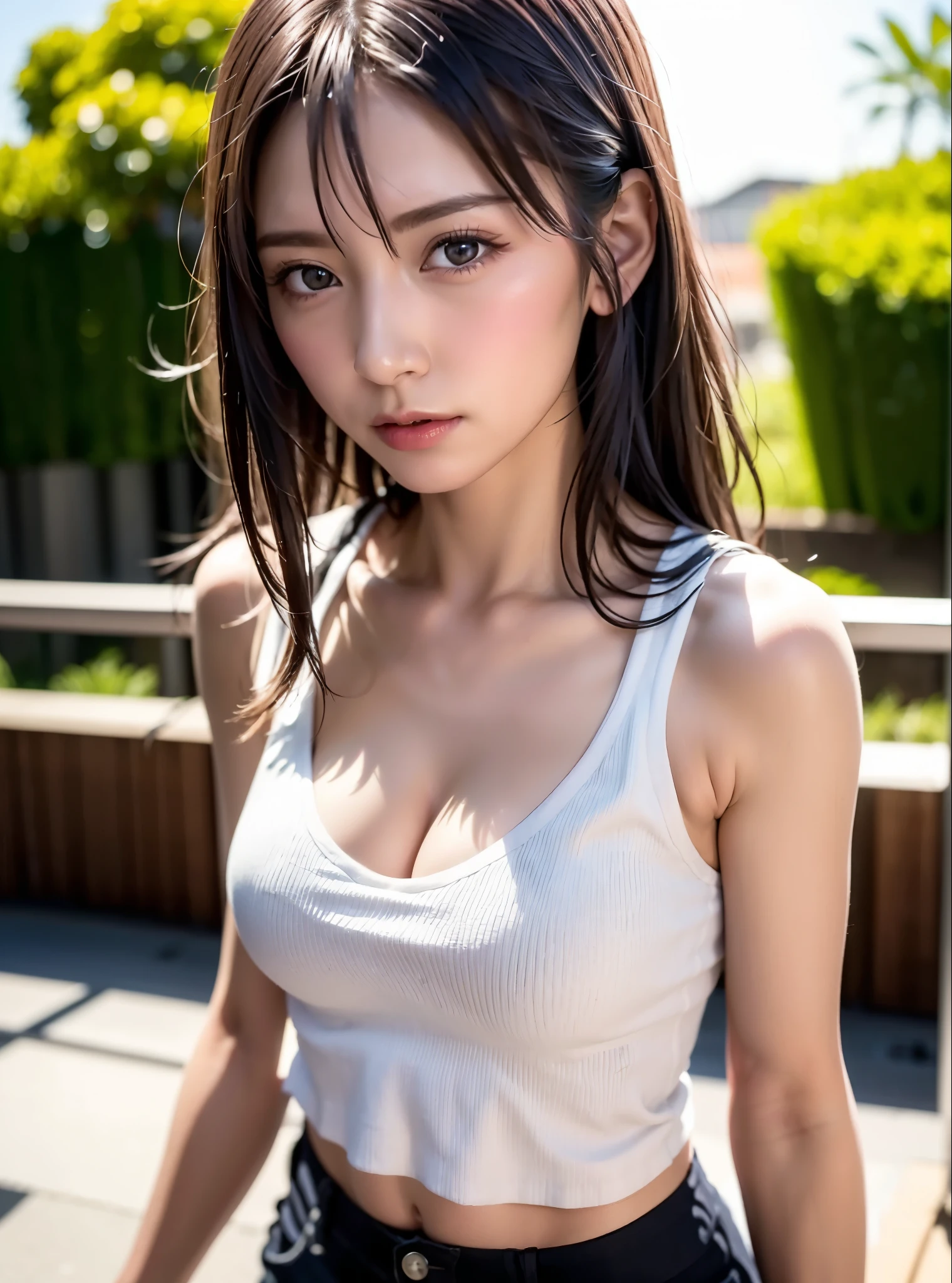 masterpiece, 最high quality, Ultra-high resolution, (Realistic:1.4), Beautiful face in every detail, Quality clothing, Amazing European Women, Wearing a white tank top, very cute, Portraiture, 肌が柔らかくてPerfect Face、Perfect Face, Shoot your hair, 8k resolution,Super Realistic,Very detailed,high quality, (Small breasts:1.5), A broad perspective