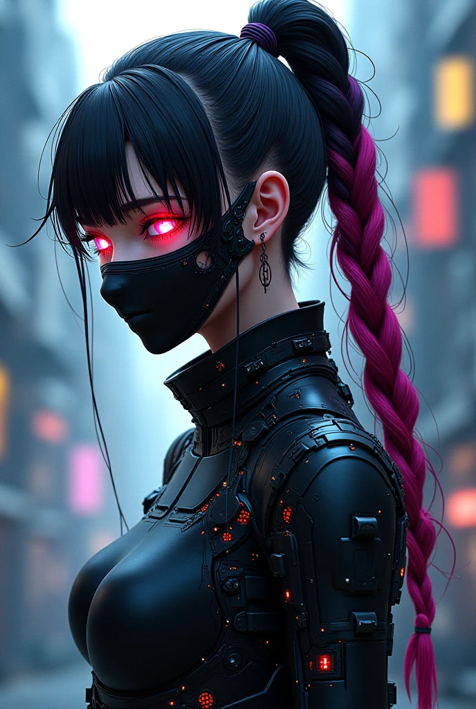 Cyberpunk, cyborg ,girl face, demon face mask, neon lights, red, 4k, hd wallpaper, extremely detailed, cybernetic eyes, cybernetic horns