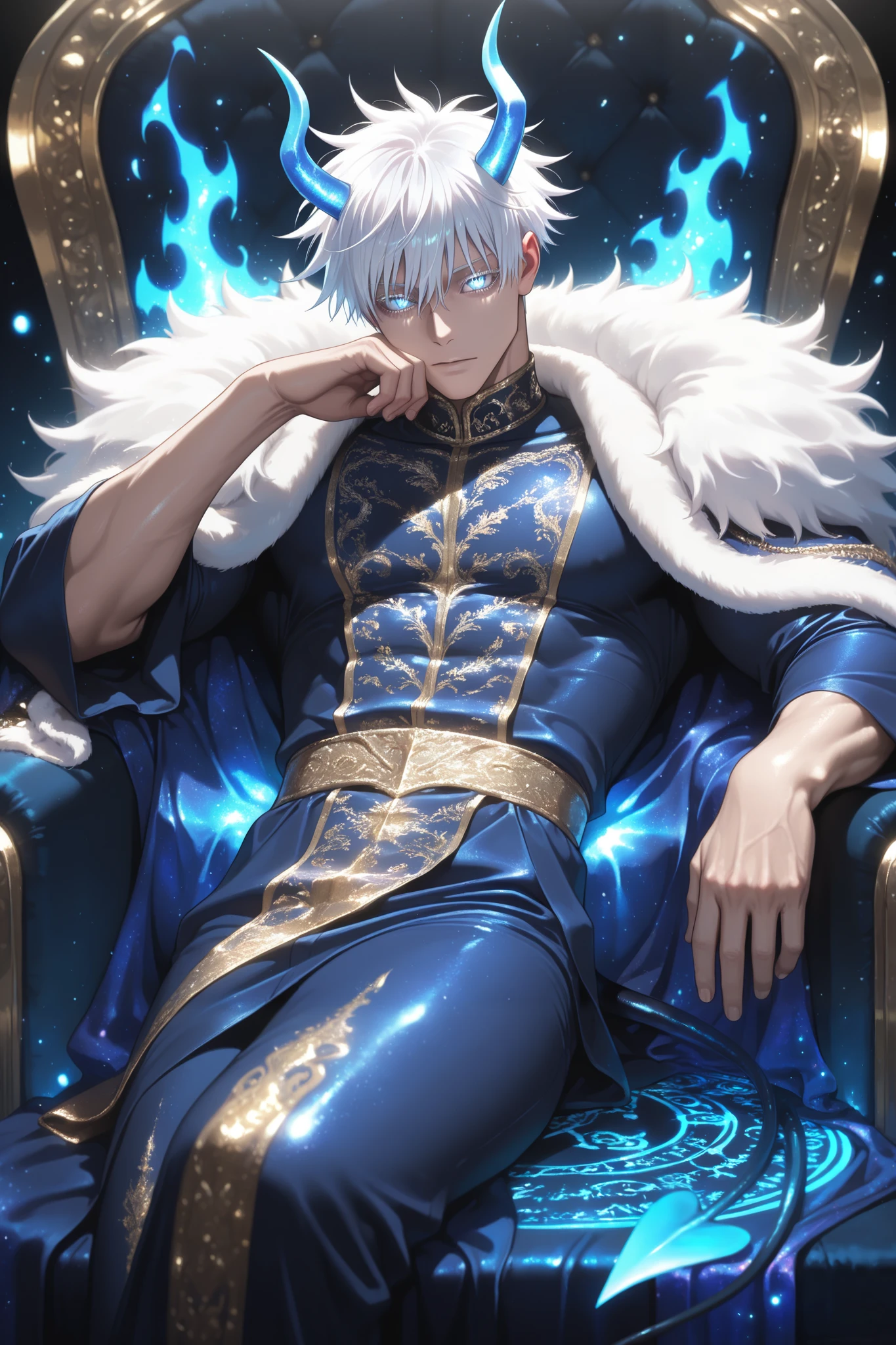 (masterpiece, best quality), amazing quality, very aesthetic, absurd, high definition, latest, perfect anatomy, perfect hands, HDR, 8K, self-light, gloss, glossy color, strong coloring, masterful shading, high contrast, from front, 1man, demon king, demon horns, crone,  no wings, demon tail, (( slit pupils)), (glowing eyes:0. 5), (black sclera: 1.0), gojou satoru /(jujustu kaisen/), detailed eyes, blue eyes, white hair, short hair, detailed eyelashes, white eyelashes, ((muscular)), sexy man, handsome, royal robe, male fantasy fashion clothes, Male Fantasy Clothes , cool , high fashion , fantasy style , intricate clothing , embroidery, solo, lying sideways to the viewer, dynamic pose, lying, lying bored in his throne, bored facial expression castle interior, luxurious, glittering, shiny, sparkling, magical, particles, dark atmosphere, magical aura, magic circle, incantation circle