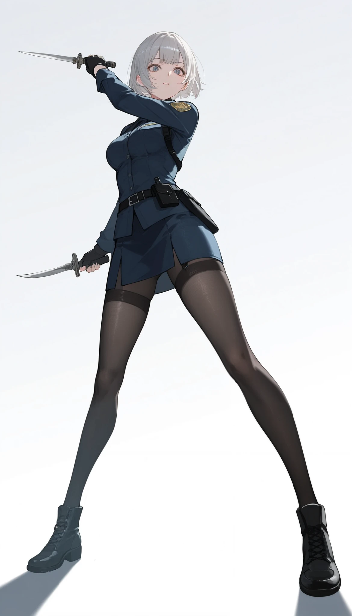 ((masterpiece)), (best quality), 1girl , Alone, simple background, temptation, delicate face, handheld dagger , Battle Pose , full body, silver short hair, long sideburn, Disdainful Eyes, Black Stockings, Damaged black police uniform, medium breasts, style: midjourney, white background, from below, two-point perspective , Impact footage,motion blur,depth of field, closeup