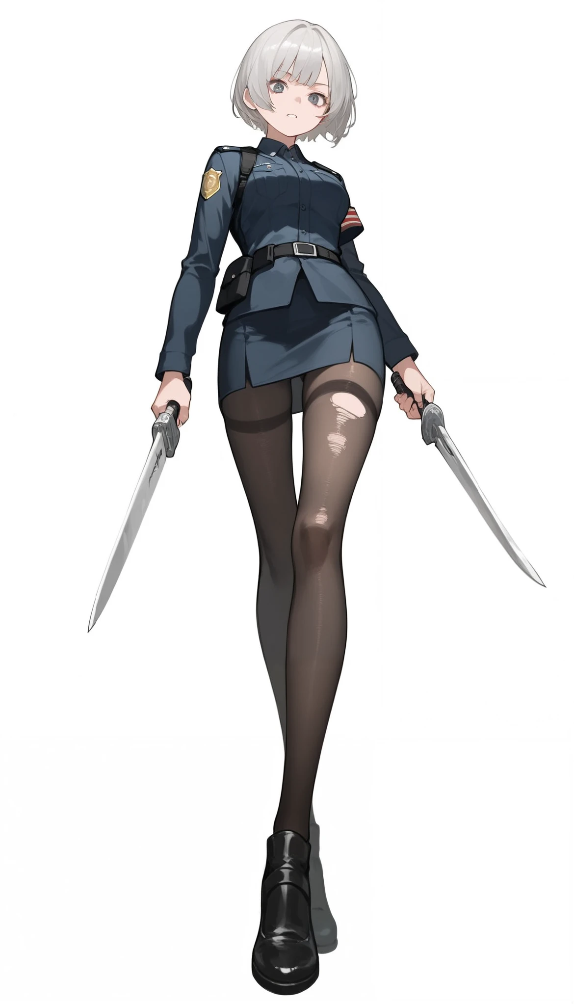 ((masterpiece)), (best quality), 1girl , Alone, simple background, temptation, delicate face, handheld dagger , Battle Pose , full body, silver short hair, long sideburn, Disdainful Eyes, Black Stockings, Damaged black police uniform, medium breasts, style: midjourney, white background, from below, two-point perspective , Impact footage,motion blur,depth of field, closeup