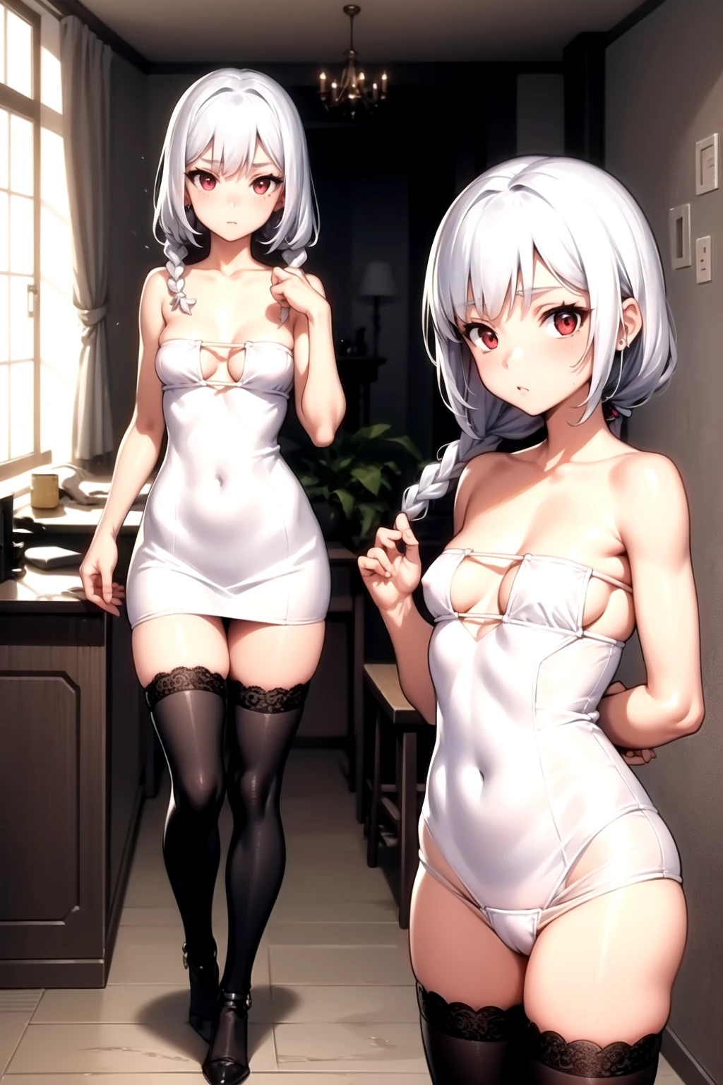 (Angle from below), Masterpiece、Highest quality、Highest quality, (long and thin legs, shoes:1.2), squat、Spread your legs with both hands、1 girl, (smile、Open your mouth大笑い:1.2), Cute eyes, (Detailed face:1.3)、Open your mouth, The whole face turns red, alone, Oversized breasts, Big and ample breasts, (Straight bangs), White maid outfit、(Bust only super micro bikini:1.2)、Side bust、Underbust、belly button、Walking through the mansion'corridor、nsfw、shoes下
