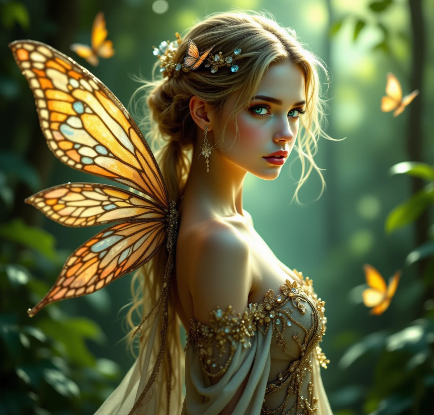 "((Innocent)) girl, golden hour, dreamy meadow, ethereal, whimsical, flowing dress, soft sunlight, enchanting, butterfly wings, (pastel clouds), liquid reflections