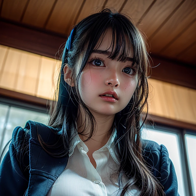 (Highest quality、Tabletop、、Best image quality、Award-winning works)、Extremely cute and lewd high school girl、White polyester collared shirt ripped because her breasts were too big、Short sleeve:1.4)、(Navy Pleated Skirt:1.1)、Girl portrait photography、Glowing Skin、Brown Hair、Are standing、View your viewers、Sculpture Pose、(Classroom Background:1.45)、(Large Breasts:1.8)、Accentuate your body lines:1.1)、Very large red ribbon tie、Very long hair:1.75、((The face of a man who was forced to show his genitals:1.55))