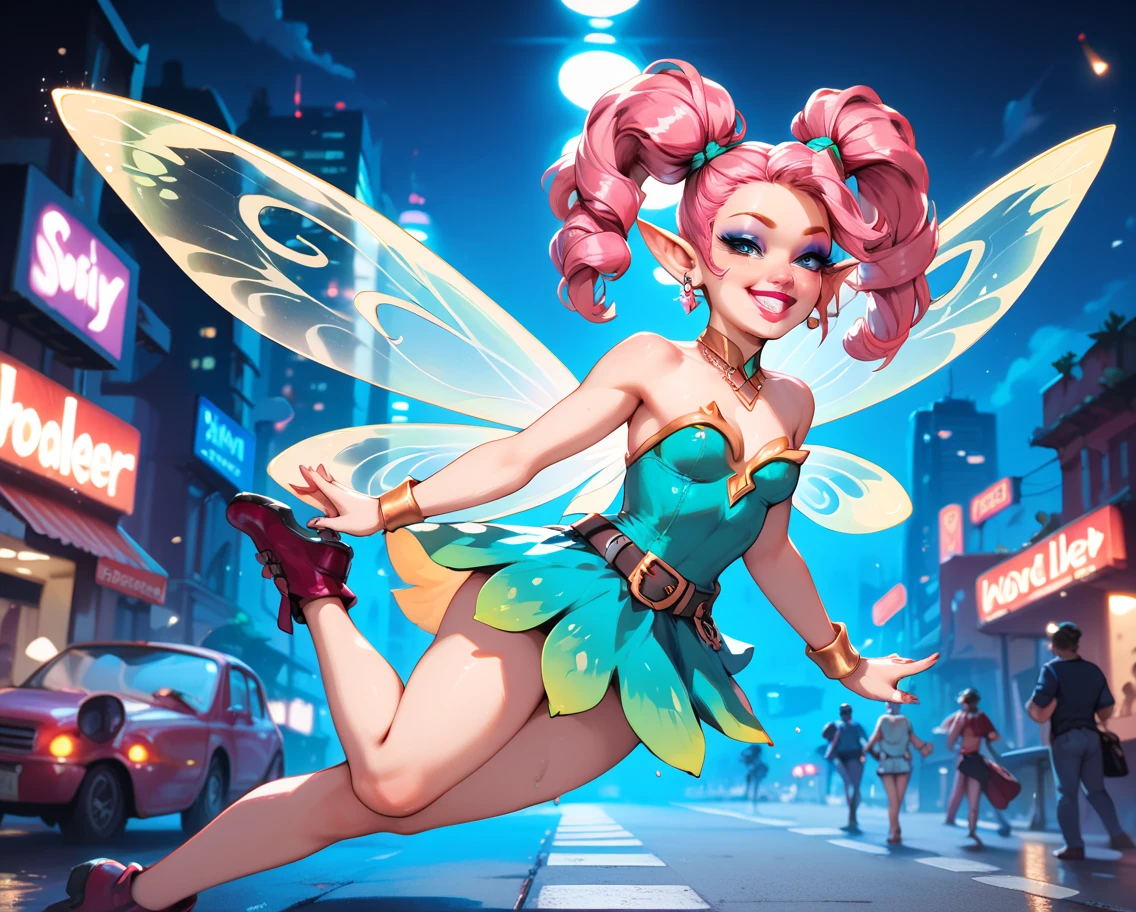 Cute, deer boy, small deer antlers, innocent, chubby, fat, big thighs, androgynous, femboy, short curly hair, black hair, fawn spots, freakles, ((cute)), smiling, wearing cottage core outfit, pastel color scheme, young, cartoony, adorable, deer tail, moss green eyes, angel wings, dynamic pose, excited pose, energetic pose, happy pose, summer, summer weather, summer clothes, sun, wearing a colorful floral print sundress with spaghetti straps and a flared skirt with wedge espadrilles or flat espadrille sandals and fedora hat with a ribbon band and statement earrings and a chunky bracelet along with small crossbody straw bag and cat-eye sunglasses, walking in the city, busy city, bustling city, open air mall,