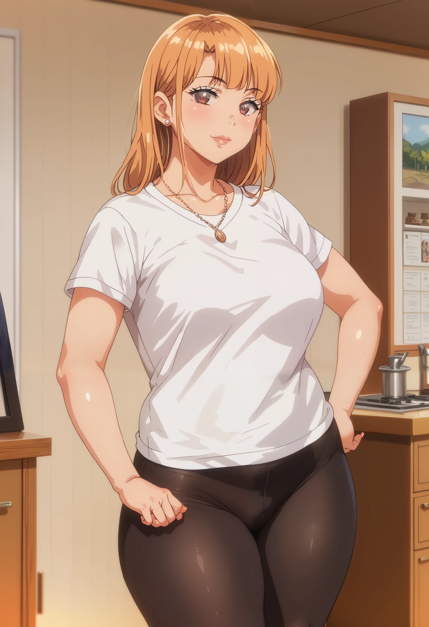 Masterpiece, 8k quality, extremely detailed, Aika sano, ane wa yanmama junyuu-chuu, indoors, orange hair, brown eyes, plump, thick thighs, big breasts, standing, necklace, white t-shirt, black leggings