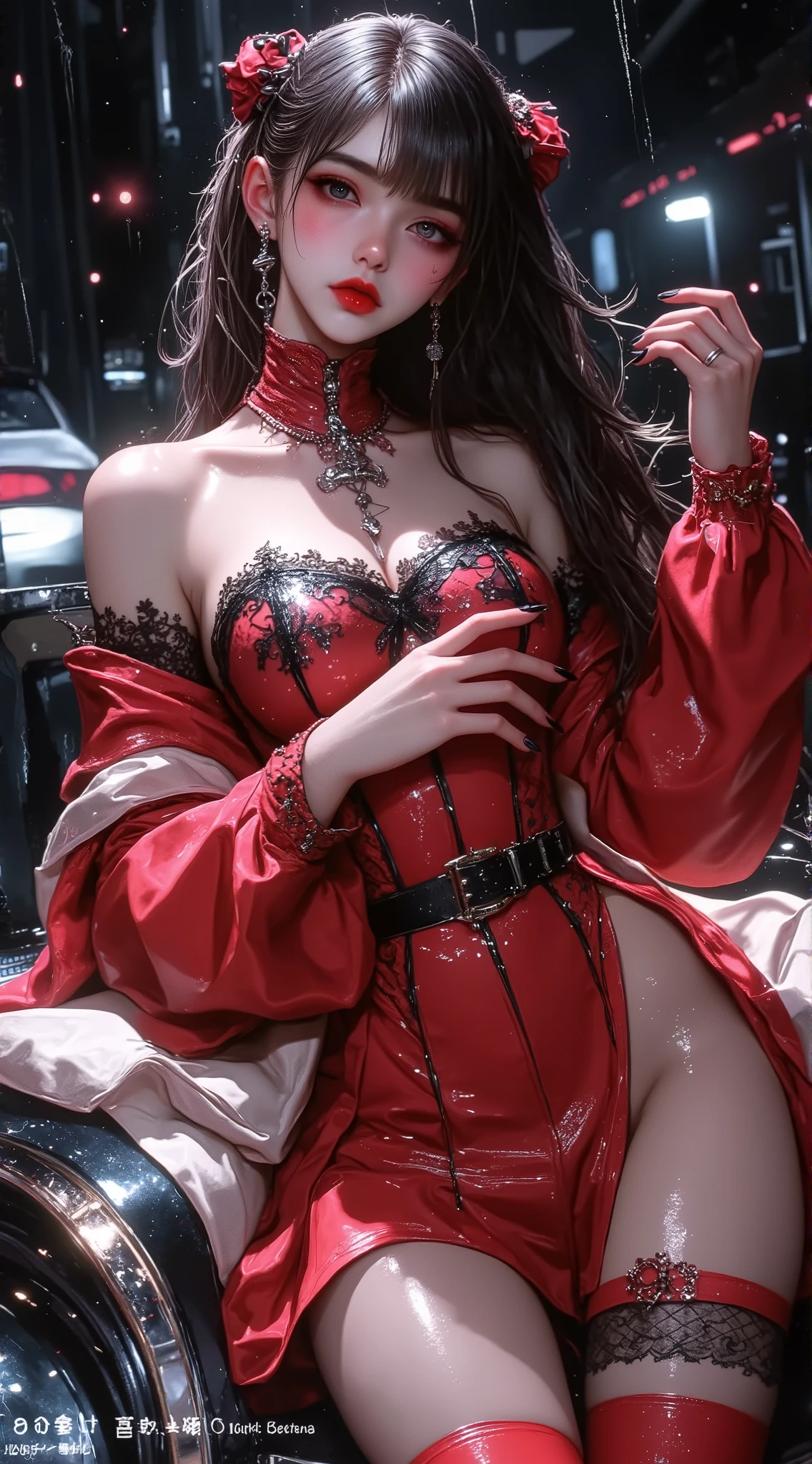 (8k, RAW photo, best quality, masterpiece:1.2), ultra-detailed, perfect detail , looking at viewer, make up, seductive, shamefaced, (young:1.2),((20 year old)), beautiful face, beautiful eyes, (((perfect female body, narrow waist))), red hair, asian appearance, hourglass figure, green eyes, beautiful appearance, red silk dress, puffy lips, black heels, in the restaurant, wavy hair, light makeup, mole under the lip, tattoo on the shoulder
