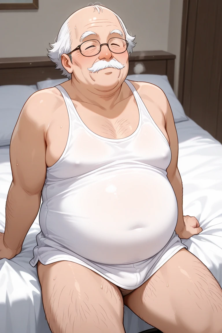 a smiling obese old man, ((chubby:1.2, big fat, huge belly, massive fat, massive obese)), pectoral, detailed realistic portrait, 8k high resolution, topless, sumo physique, side view, perfect center, full view, realistic skin texture, wrinkled face, short hair, thick mustache, white hair, bearded, jovial expression, huge belly, fat, wearing shorts, high detail, masterpiece, (best quality,4k,8k,highres,masterpiece:1.2),ultra-detailed
