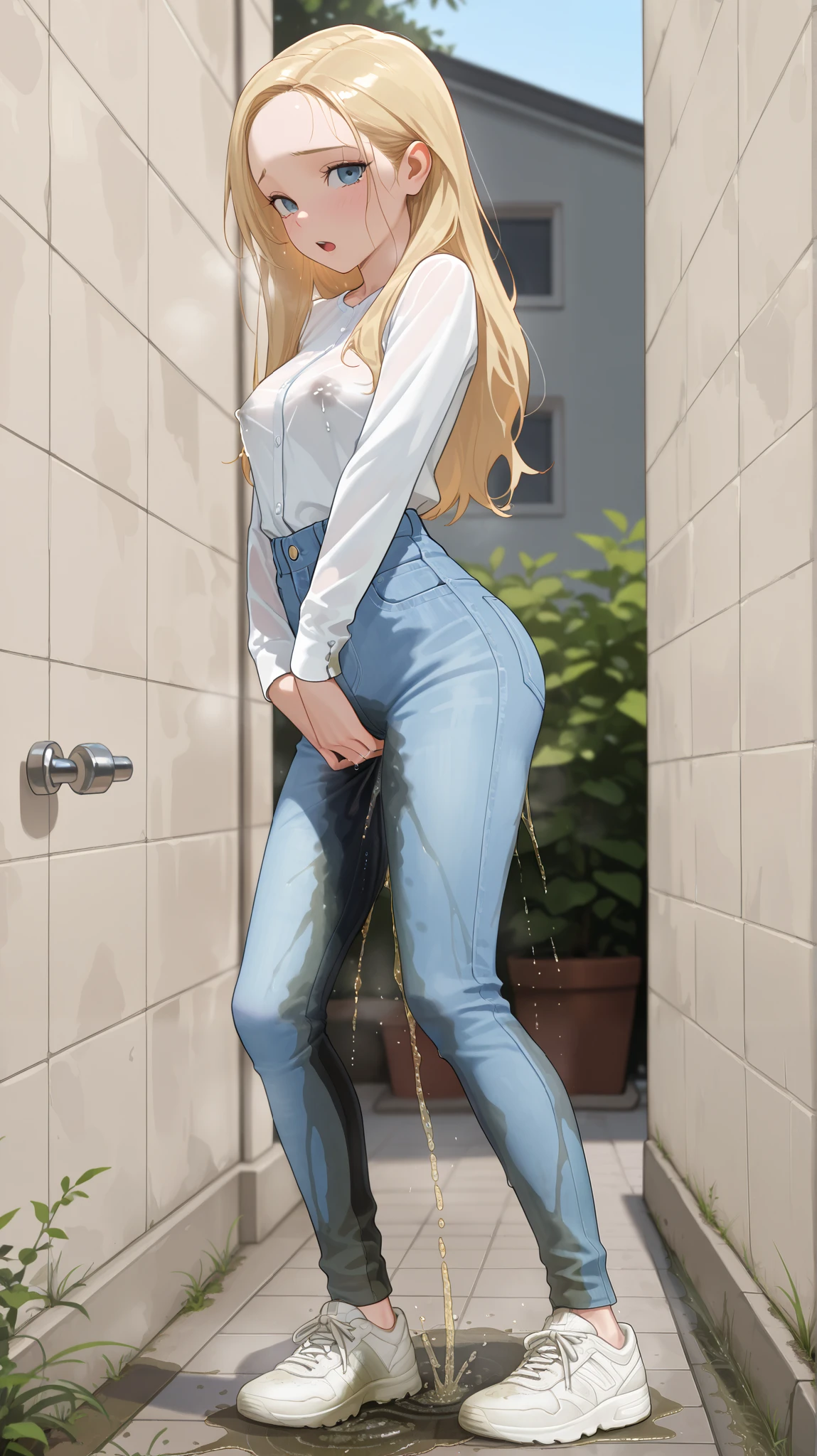 ((best quality, masterpiece:1.3, 8K)), (detailed), highly detailed face and skin texture, detailed eyes, downtown, full body, slender body, 1girl, 25 years old, white skin, blue eyes, worried, embarrassed, blond hair, straight hari, long hair, (forehead:0.8), (stylish shirt:1.2), jeans pants, skinny jeans, blue jeans, stylish shoes, peeing jeans, peeing pants, pee stain, (wetting herself:1.2), desperation,