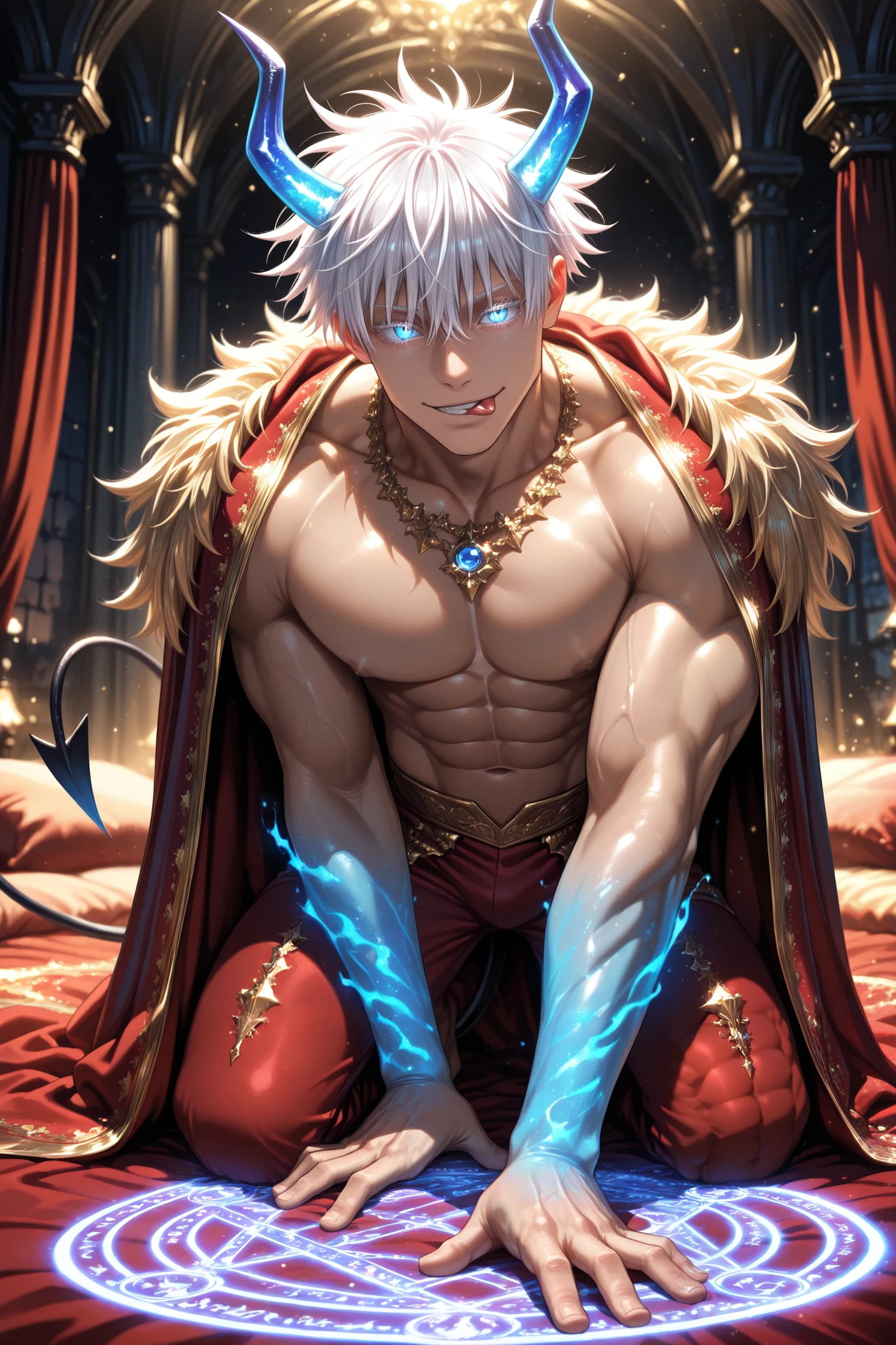 (masterpiece, best quality), amazing quality, very aesthetic, absurd, high definition, latest, perfect anatomy, perfect hands, HDR, 8K, self-light, gloss, glossy color, strong coloring, masterful shading, high contrast, from front, 1man, demon king, demon horns, no wings, demon tail, (( slit pupils)), (glowing eyes:0. 5), (black sclera: 1.0), gojou satoru /(jujustu kaisen/), detailed eyes, blue eyes, white hair, short hair, detailed eyelashes, white eyelashes, ((muscular)), sexy man, handsome, royal robe, male fantasy fashion clothes, Male Fantasy Clothes , cool , high fashion , fantasy style , intricate clothing , embroidery, solo, kneels in bed, on all fours, sticks out her tongue, seductive, grin, smile, seductive hot look, majestic bed with gold frame, castle interior, luxurious, glittering, shiny, sparkling, magical, particles, dark atmosphere, magical aura, magic circle, incantation circle, show abs, detailed abs, lying, necklace, blue tattoos